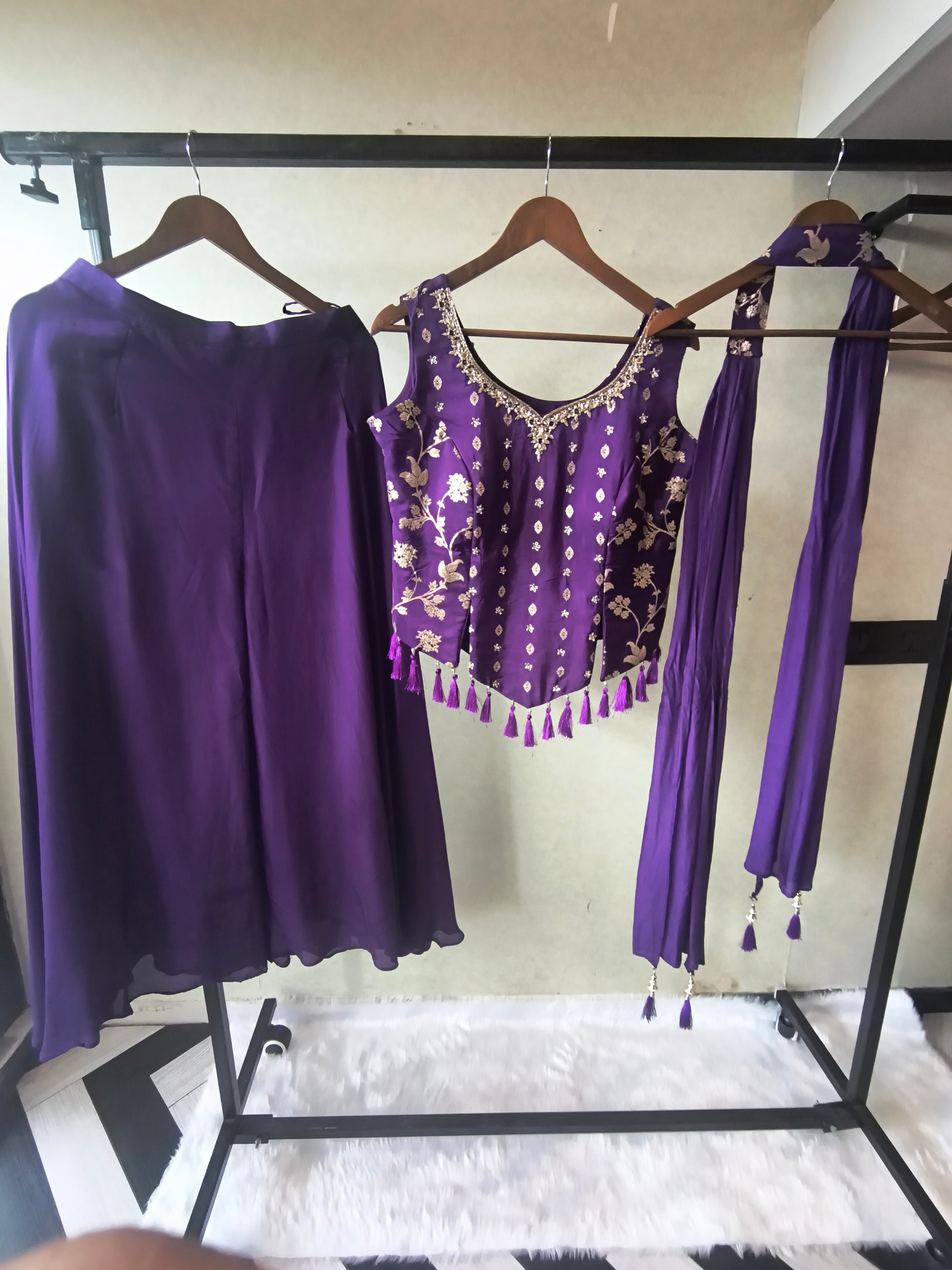 Premium Royal Purple 3-Piece Designer Lehenga Set with Zari Embroidered Peplum Blouse & Dupatta