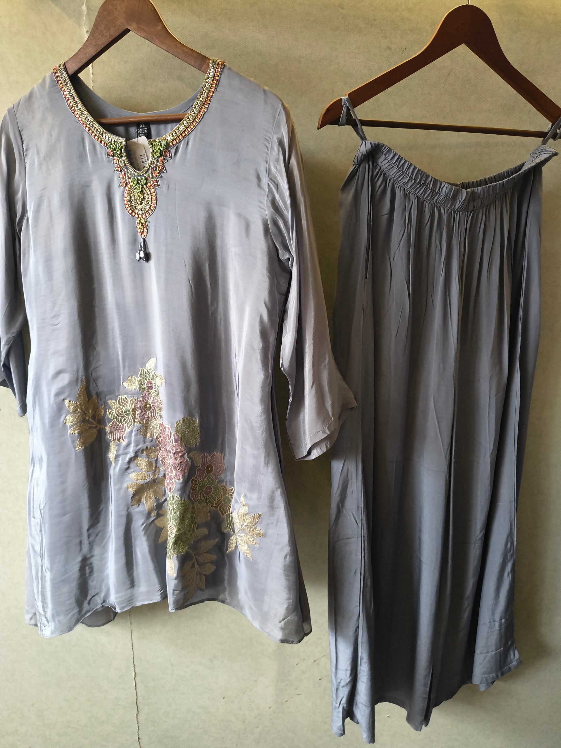 Grey Embroidered Premium Silk Co-Ord Set