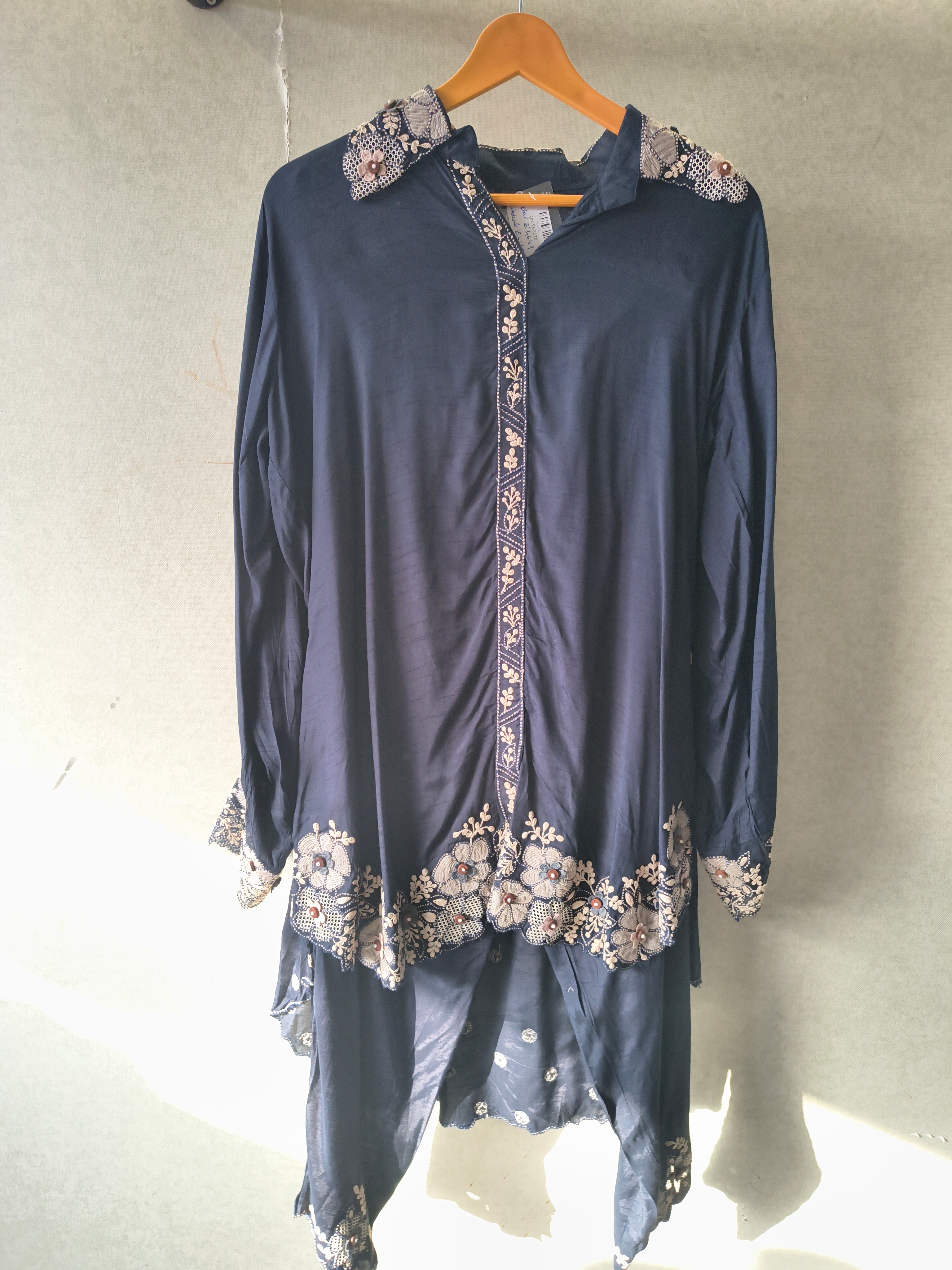 Image of Blue Embroidered Designer Co-Ord Set with Organza Hem