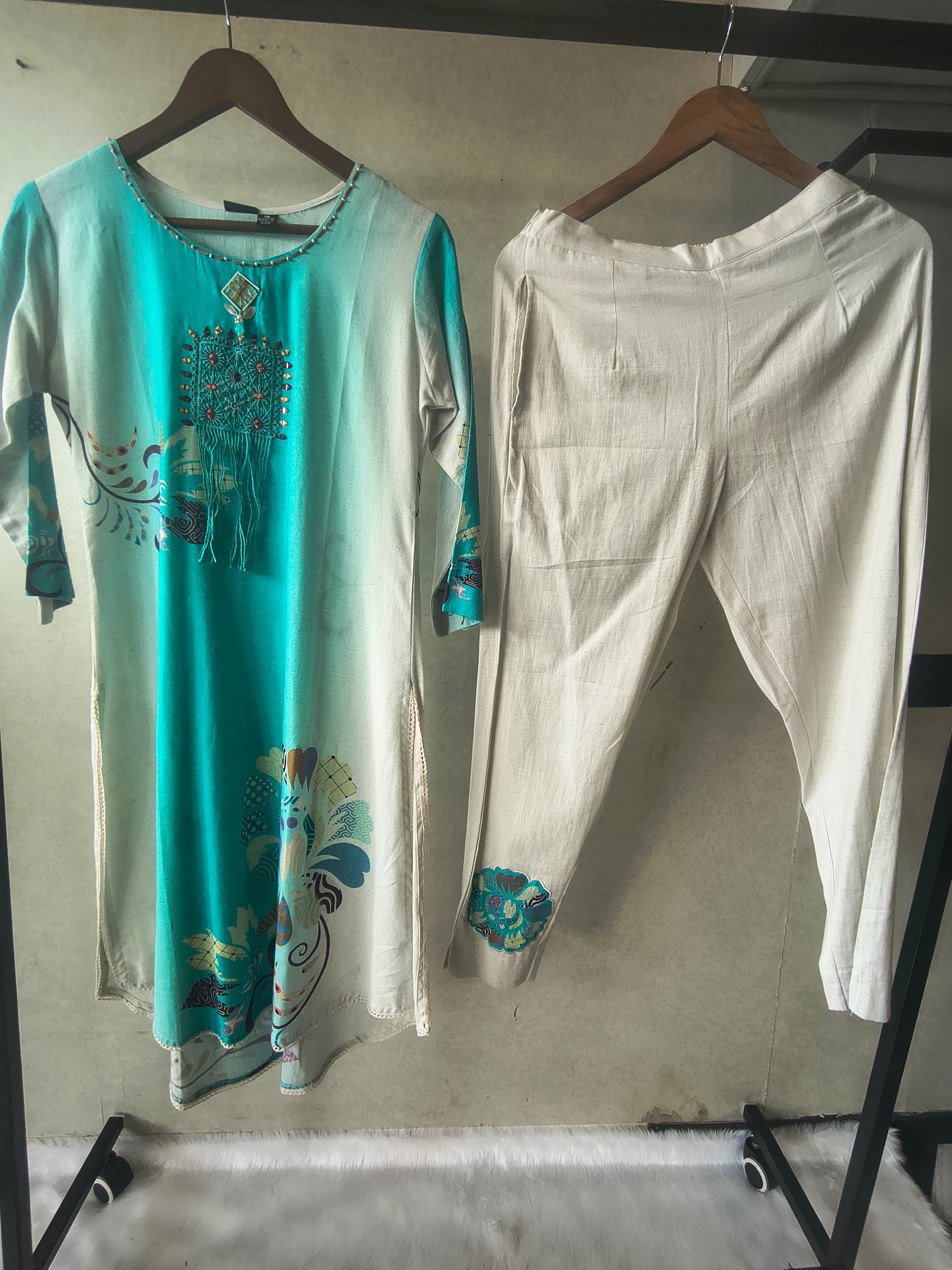 Premium Aqua Ombre Linen Blend Kurta Set with Handcrafted Embroidered Tassel Patch & Embroidered Pants