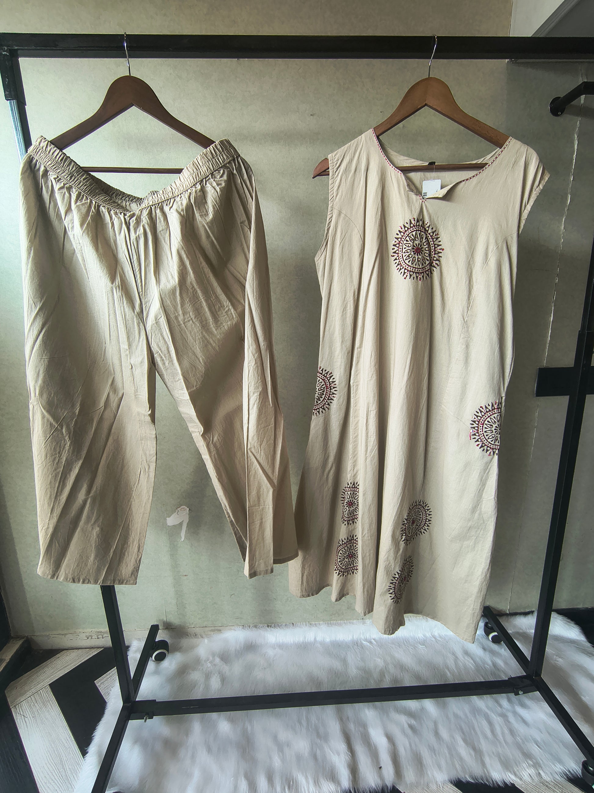 Premium Beige Hand Block Motif A-Line Kurta Set with Straight Pants