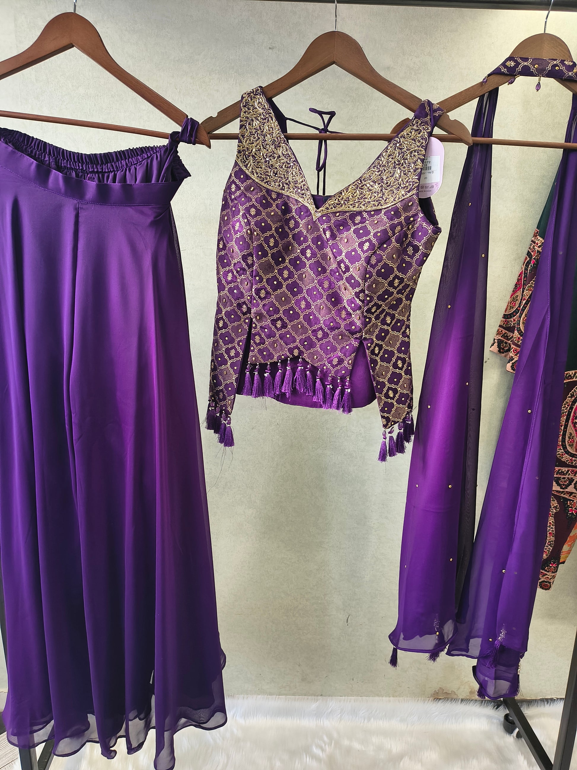 Royal Purple Brocade Blouse with Flared Palazzo & Embellished Choker Dupatta – 3 Piece Designer Indo-Western Set