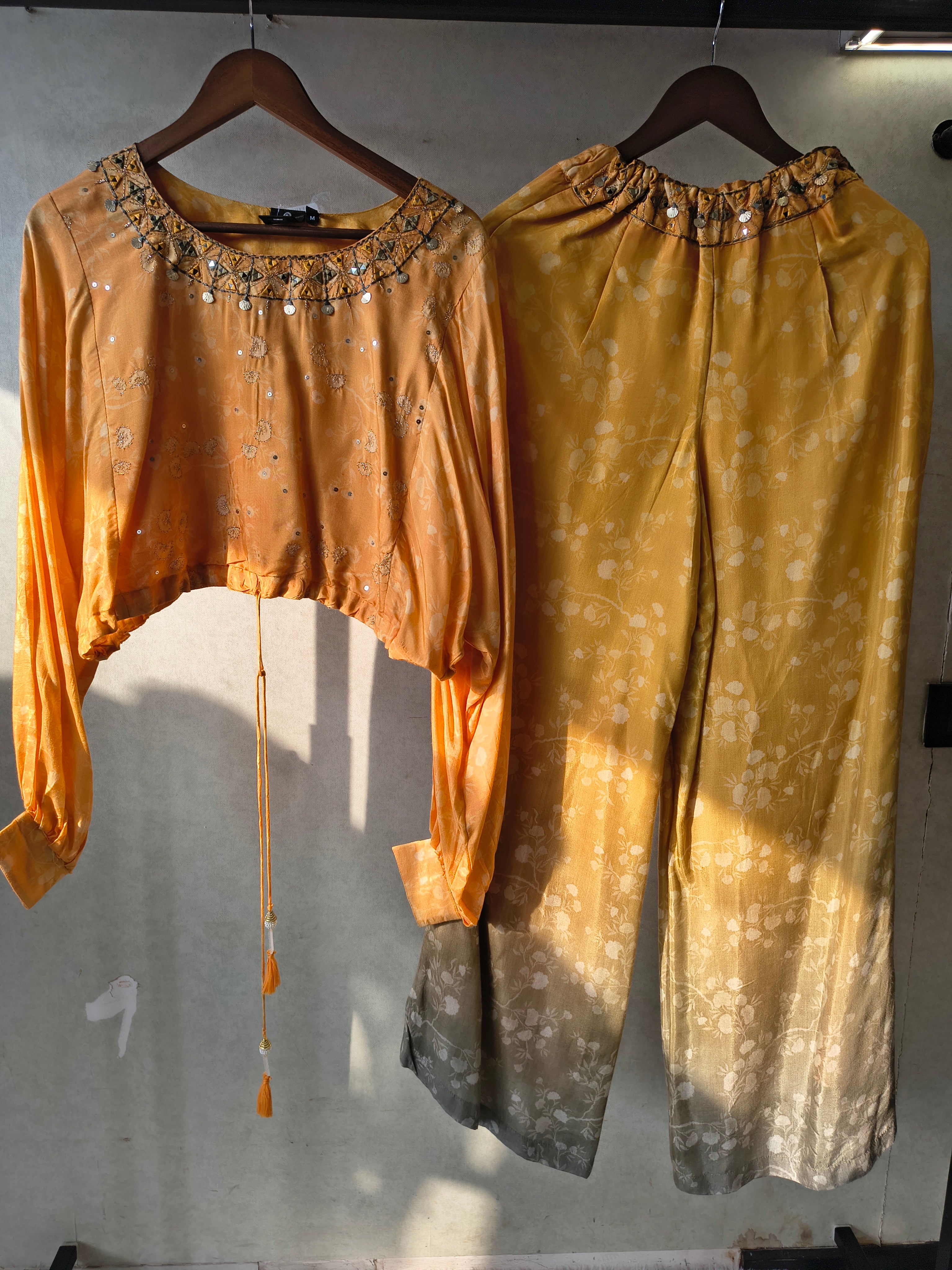 Image of Premium Sunset Ombre Embellished Crop Top & Wide-Leg Palazzo Co-Ord Set