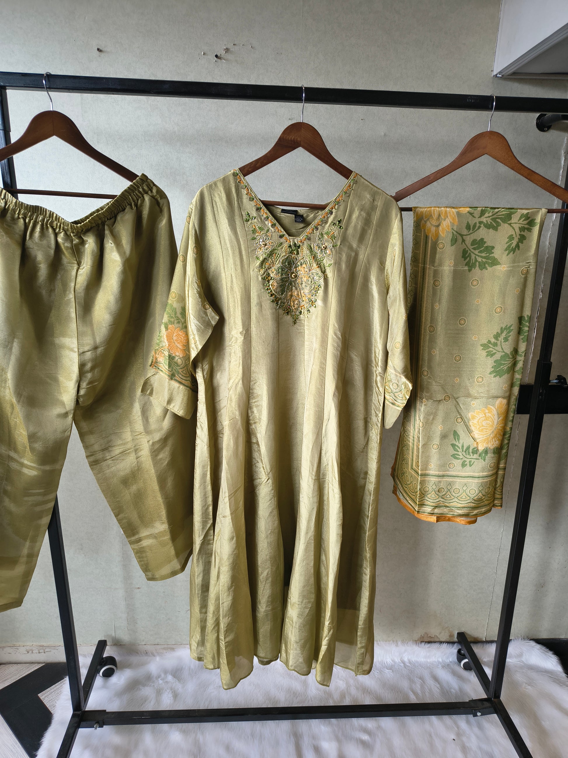 Premium Pistachio Green Embroidered Silk Kurta Set with Printed Dupatta