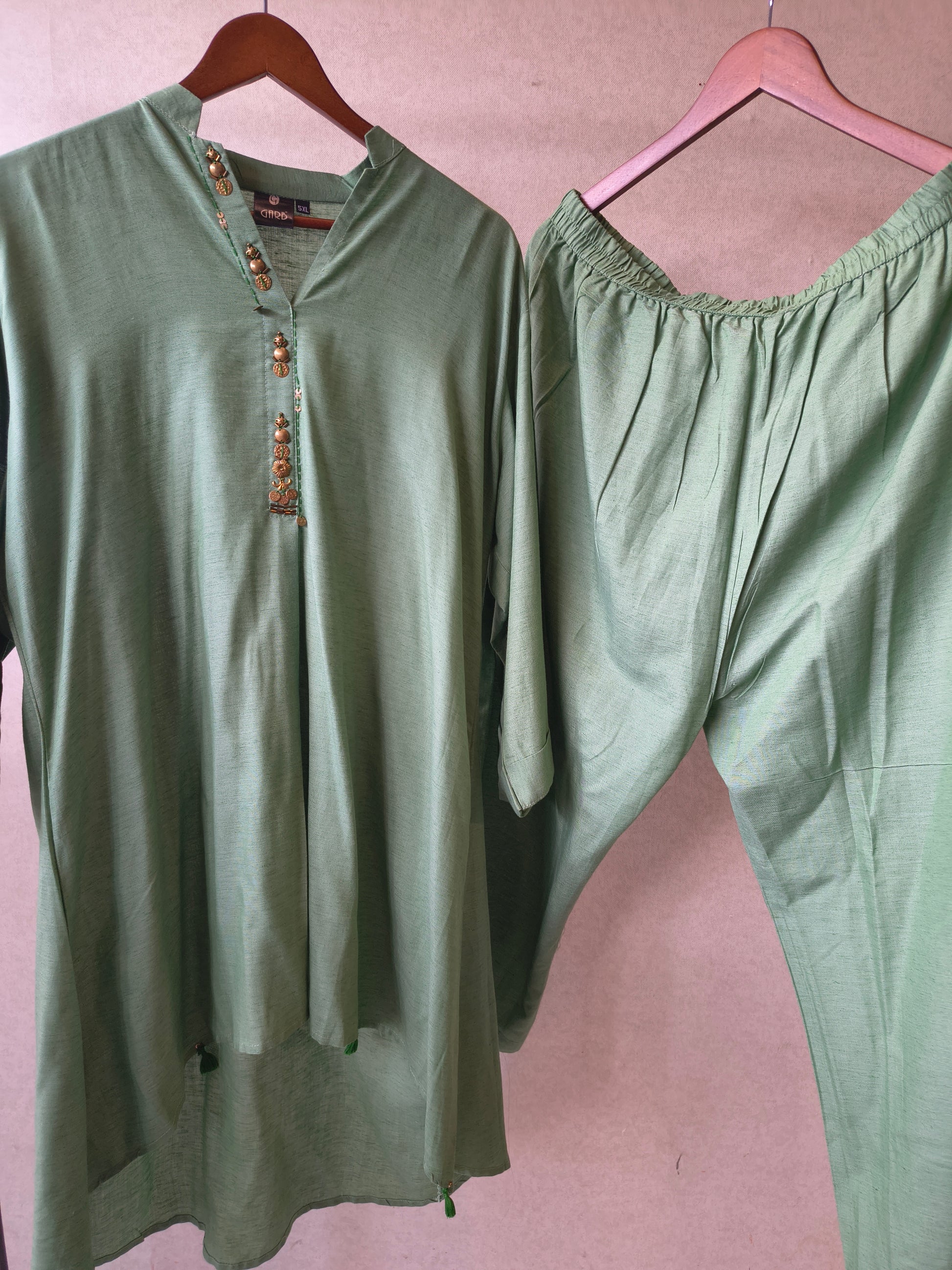 Premium Sage Green Designer Co-Ord Kurta Set with Antique Button Detailing