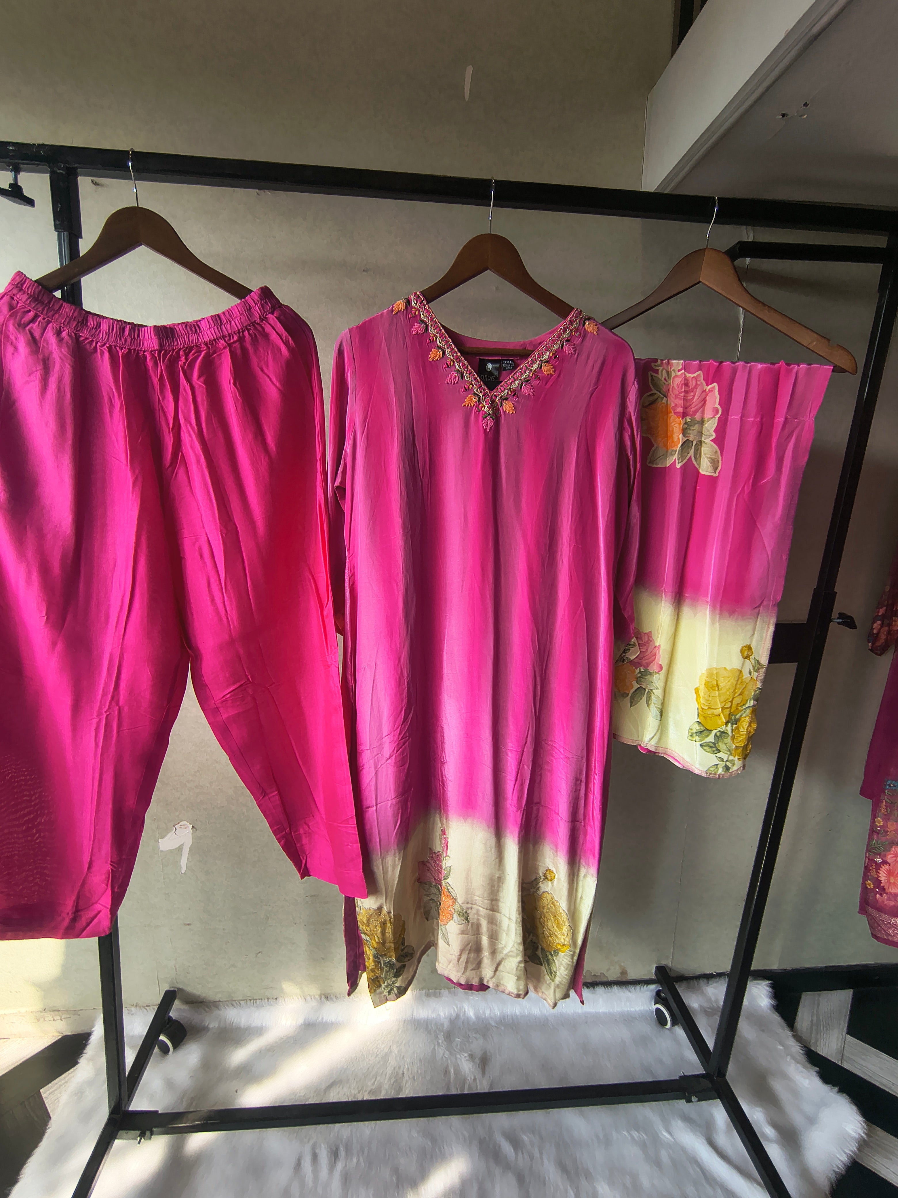 Image of Premium Fuchsia Pink Floral Embroidered Kurta Set with Printed Dupatta