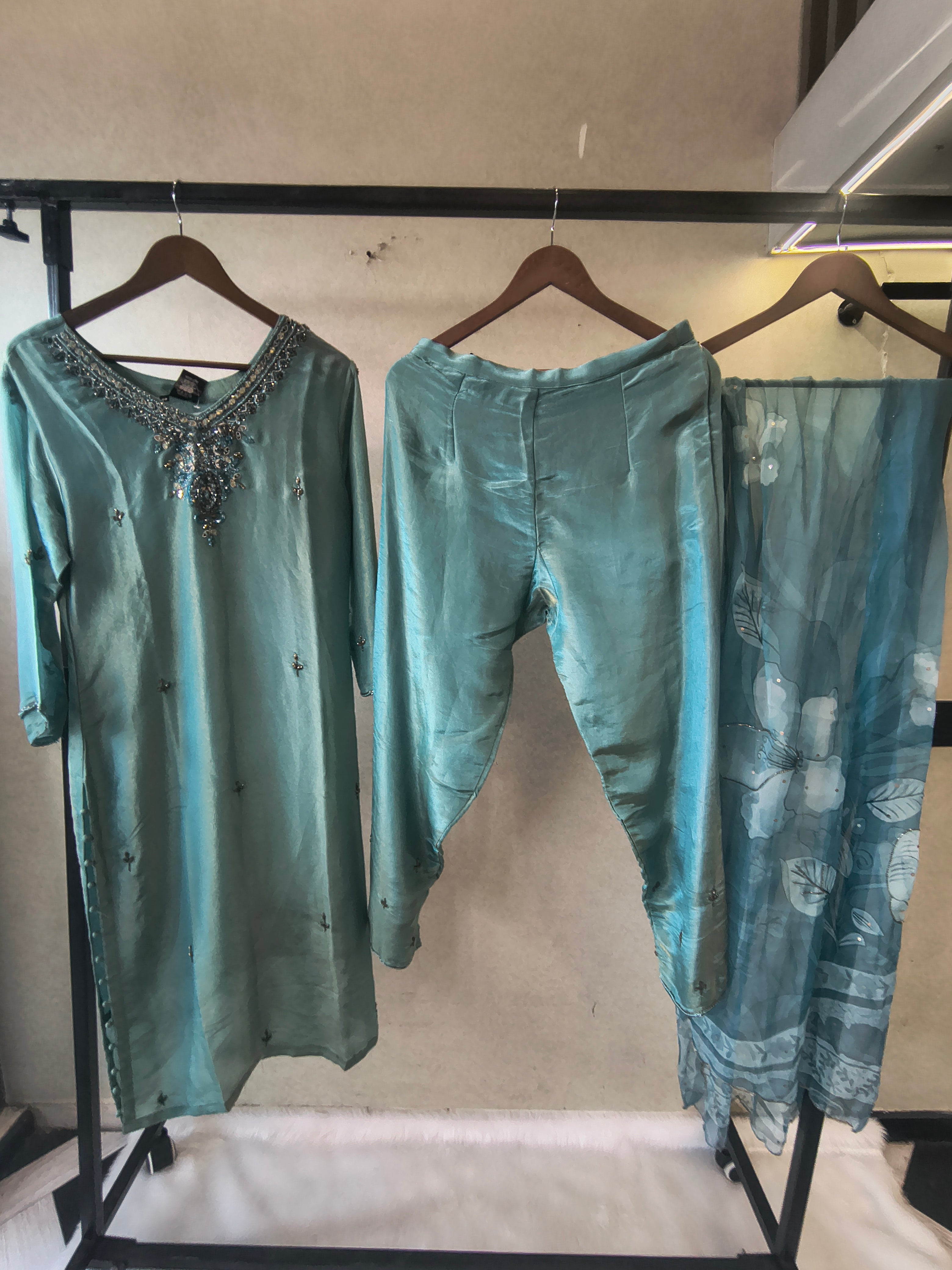 Image of Ice Blue Hand-Embroidered Designer Kurta Set with Floral Organza Dupatta | Premium 3 Piece Ethnic Suit