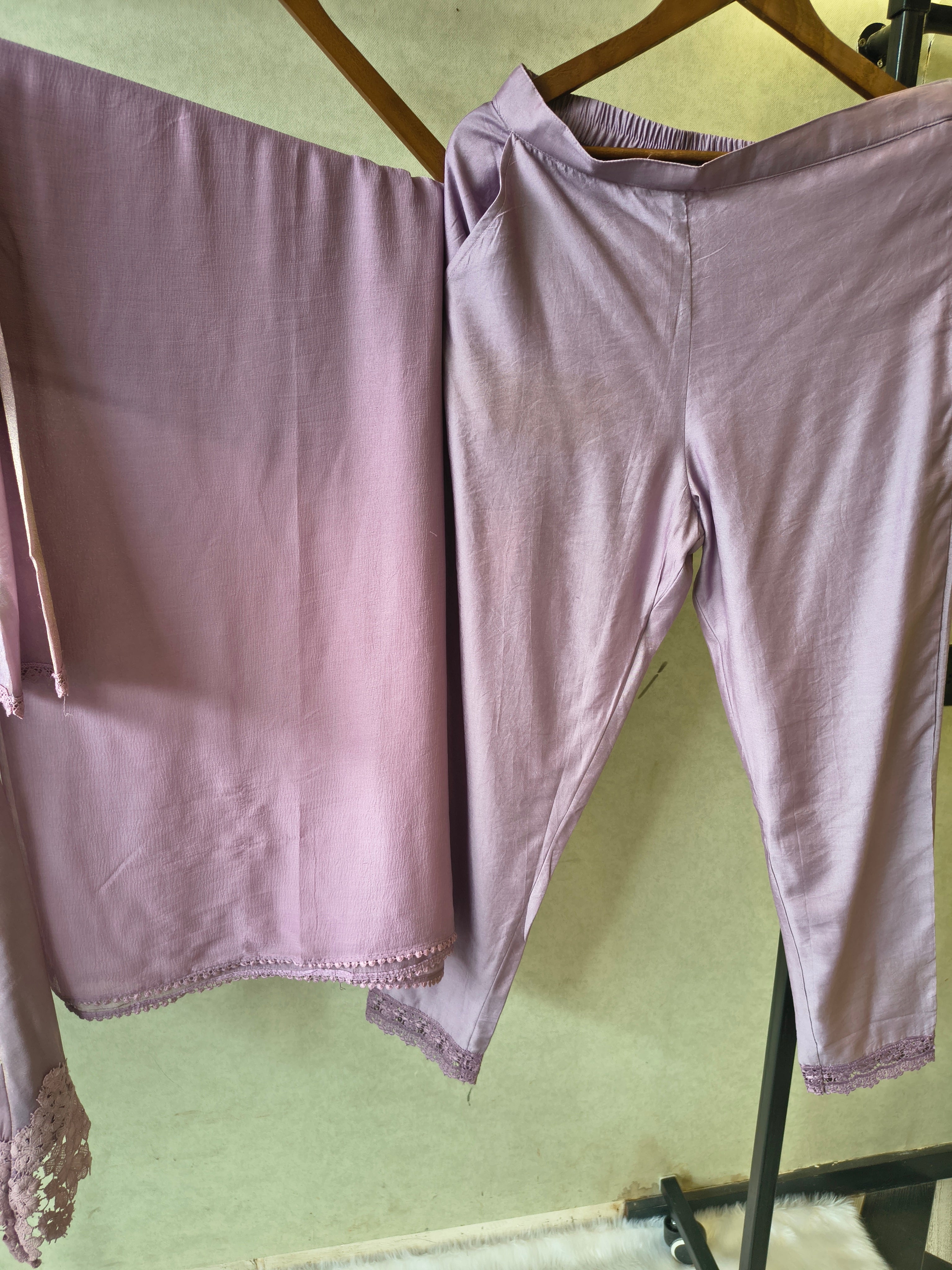 Image of Premium Dusty Lilac Embroidered Kurta Set with Lace Hem & Dupatta