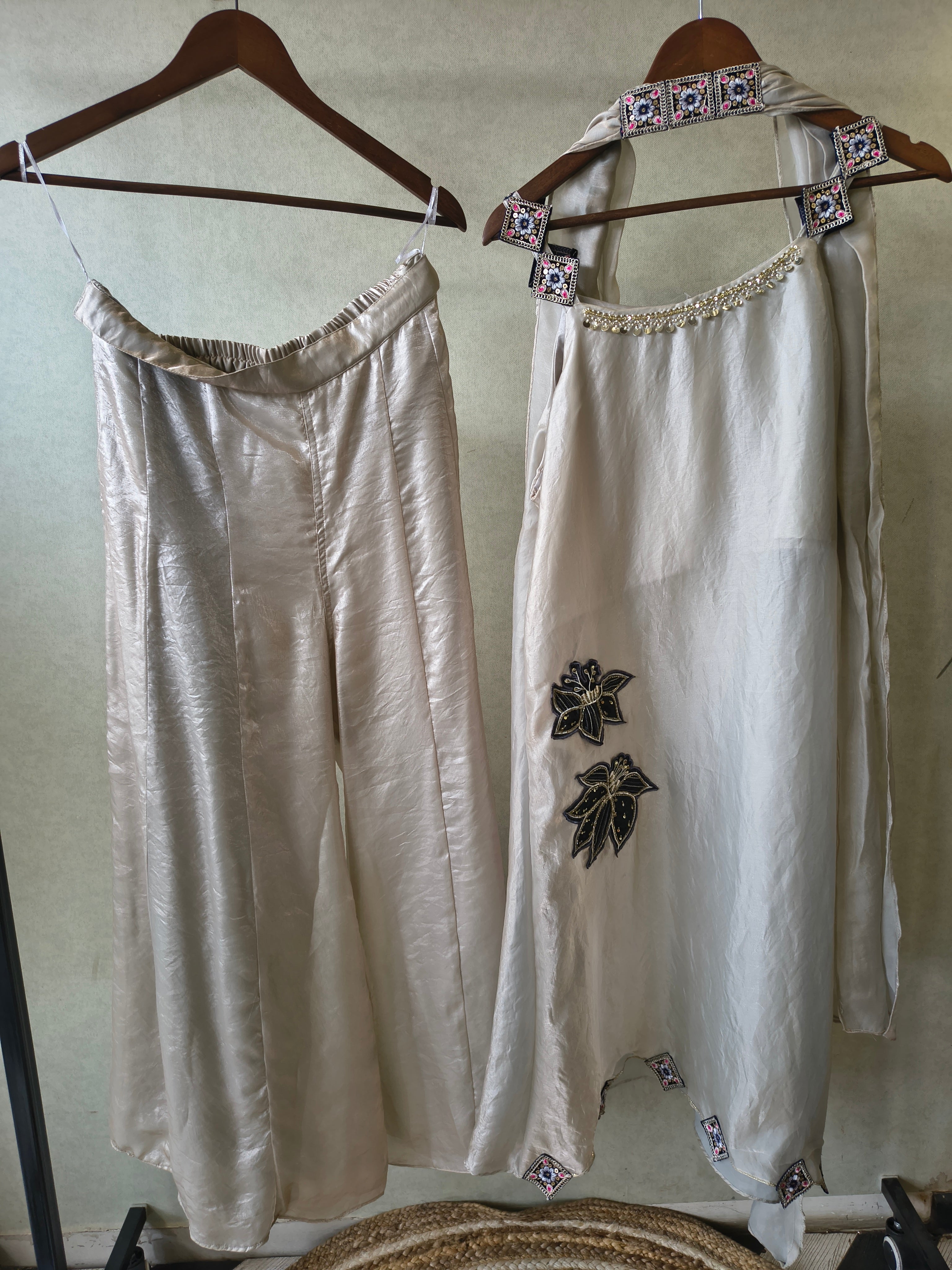Image of Ivory Designer A-Line Dress with Handcrafted Floral Appliqué & Embellished Scarf