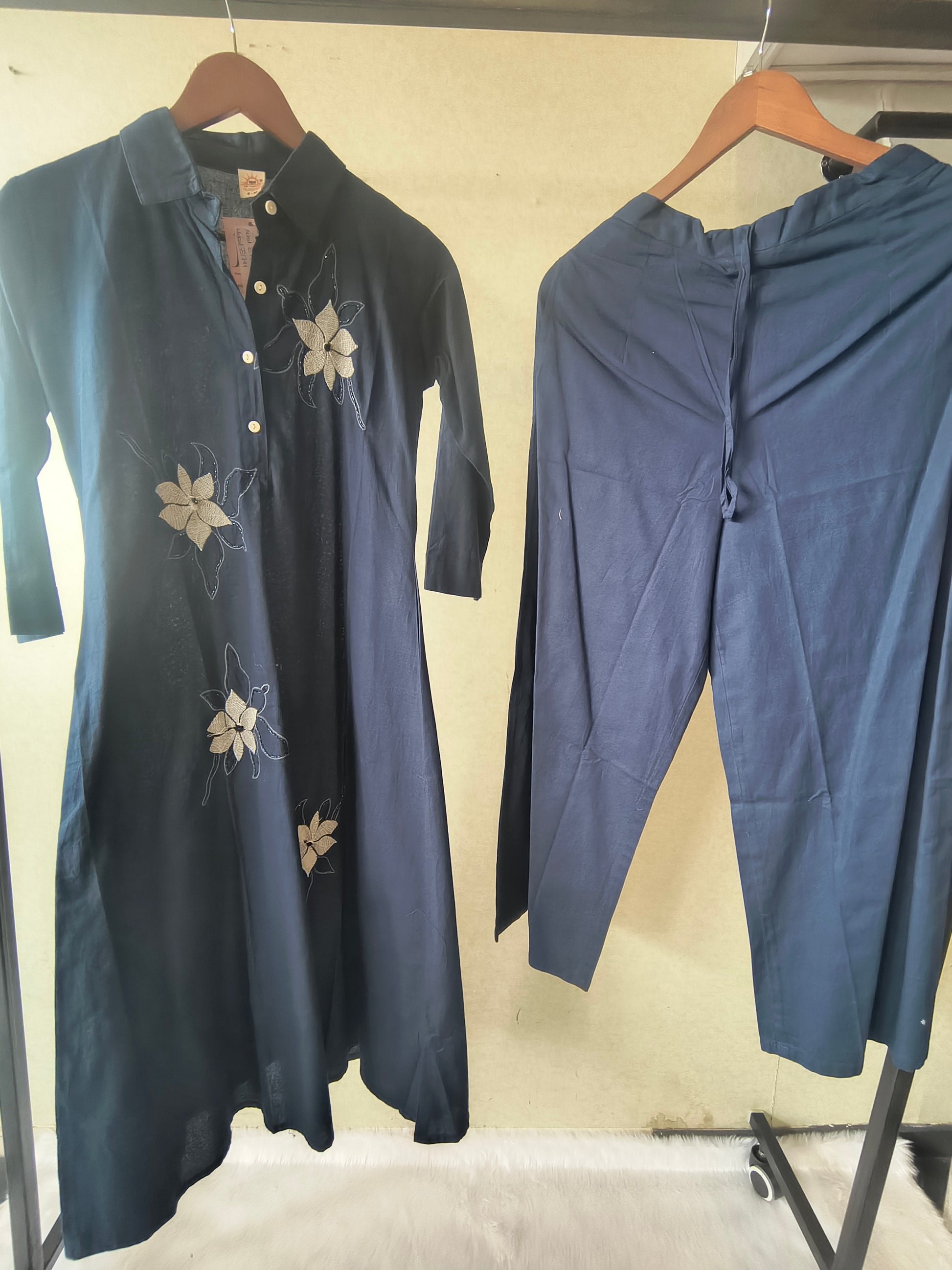 Tadko Premium Navy Blue A-Line Kurta Set with Floral Appliqué Embroidery & Straight Pants