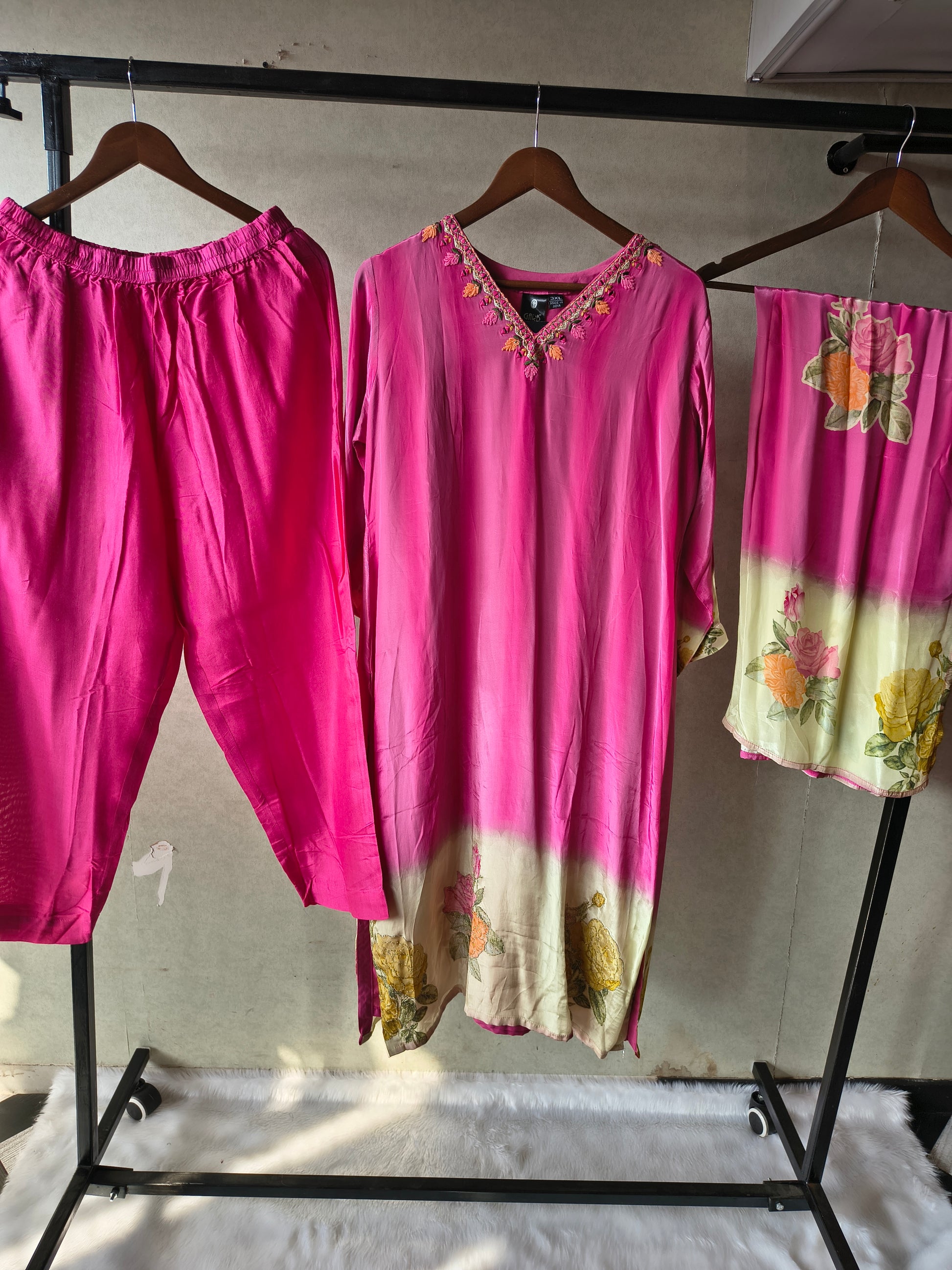 Premium Fuchsia Pink Floral Embroidered Kurta Set with Printed Dupatta