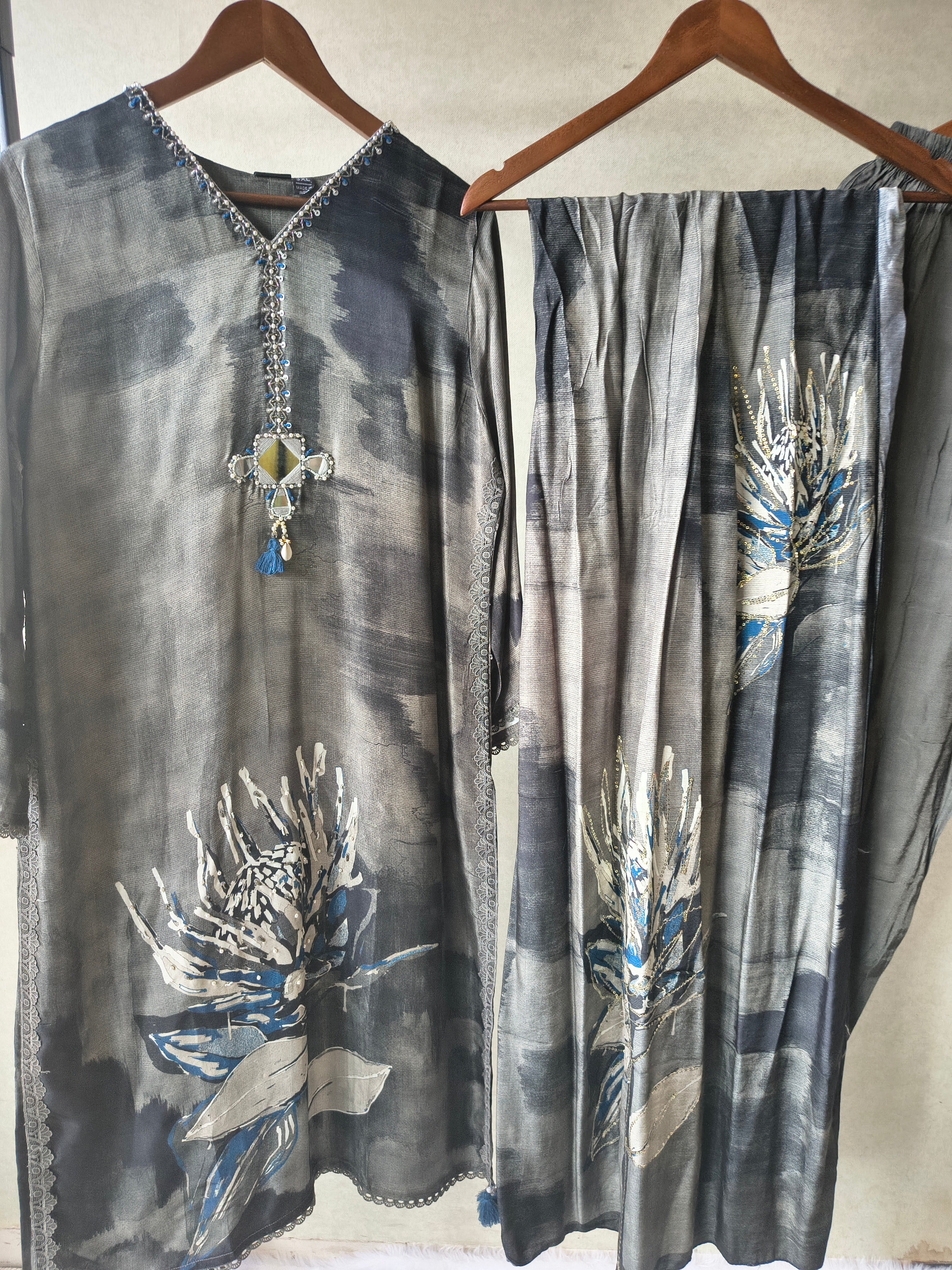 Image of Premium Charcoal Grey Abstract Floral Printed Straight Kurta Set with Designer Neckline, Straight Pants & Printed Dupatta