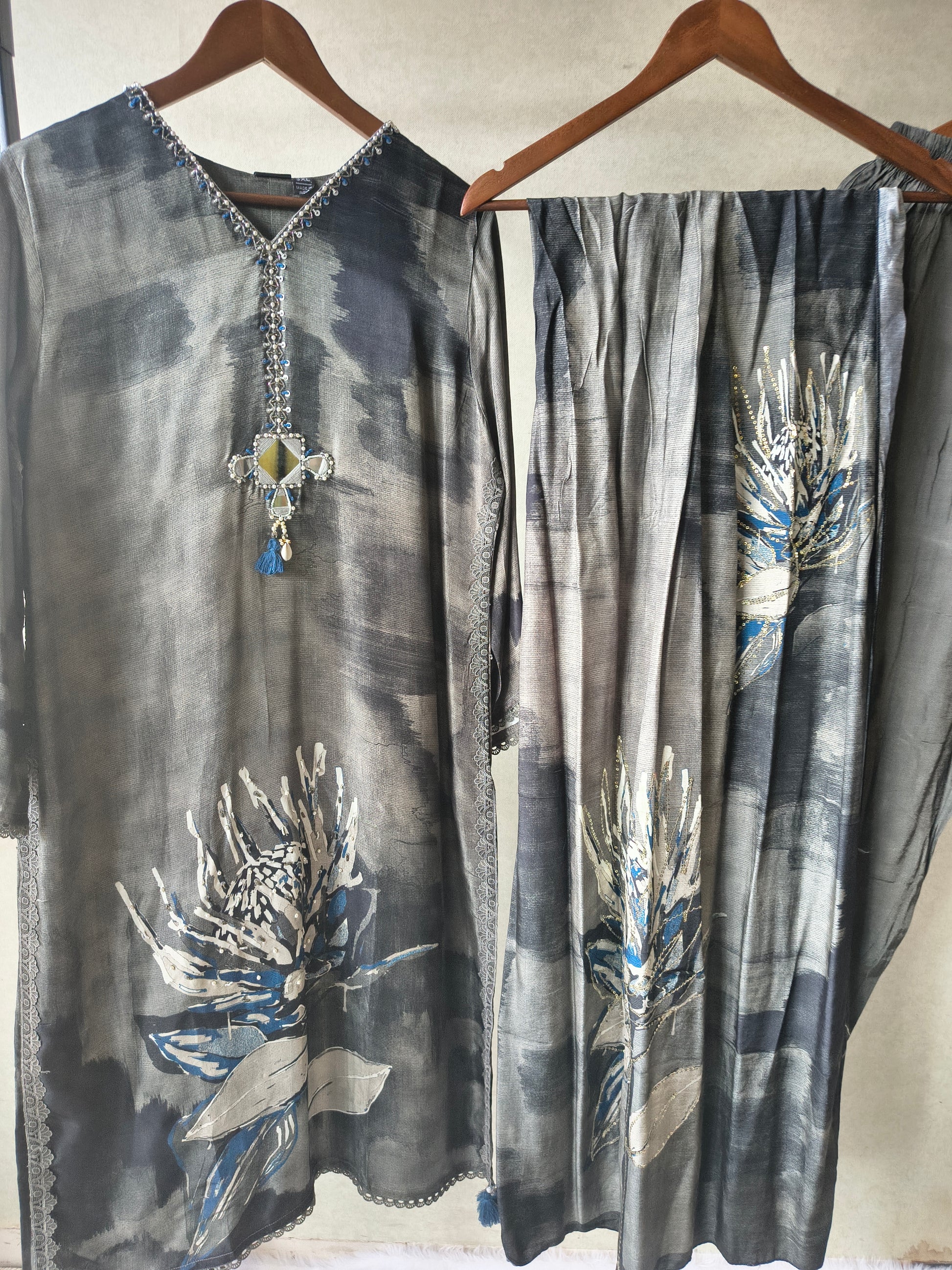 Premium Charcoal Grey Abstract Floral Printed Straight Kurta Set with Designer Neckline, Straight Pants & Printed Dupatta
