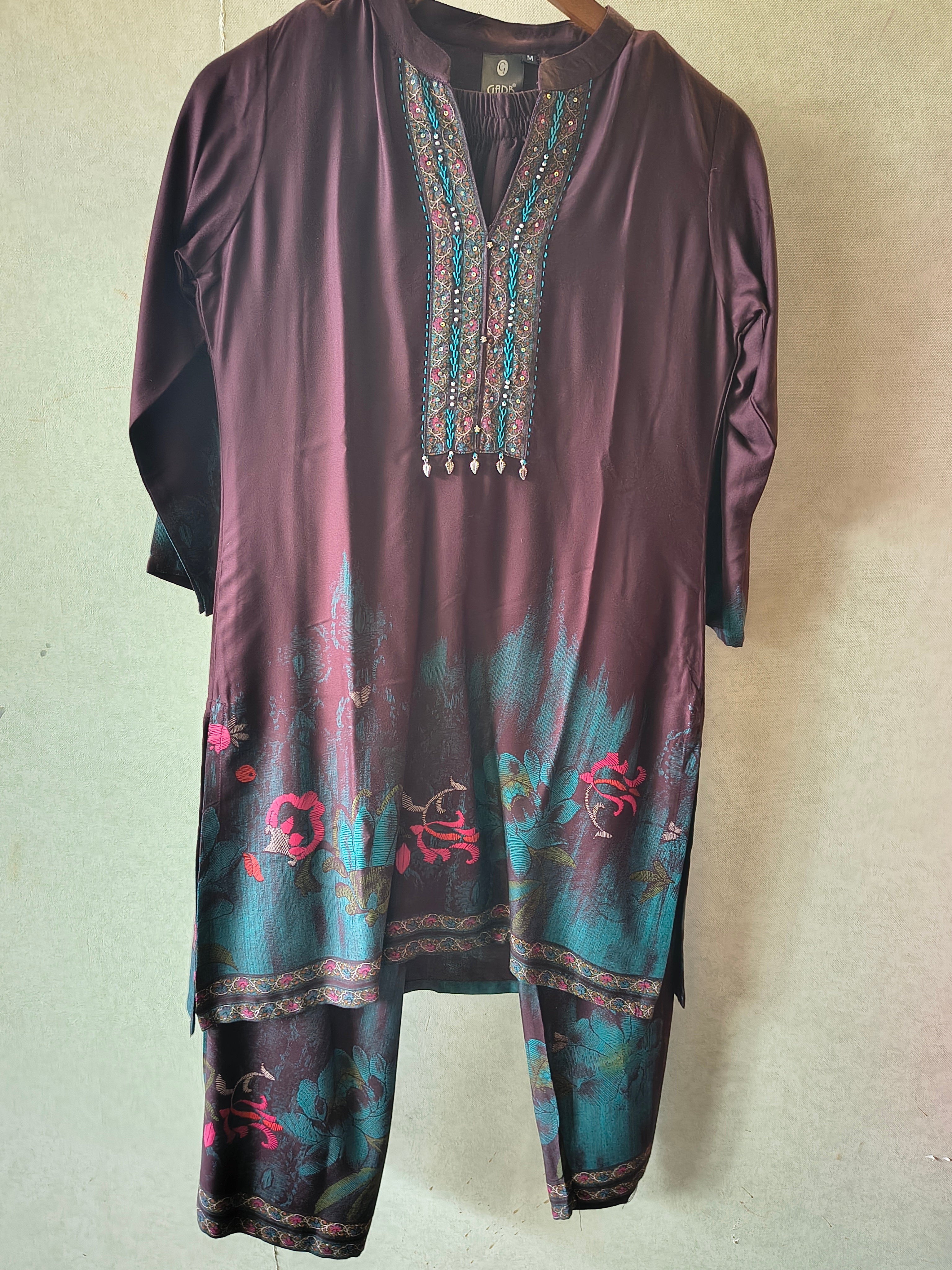 Image of Wine Embellished Premium Silk Co-Ord Set