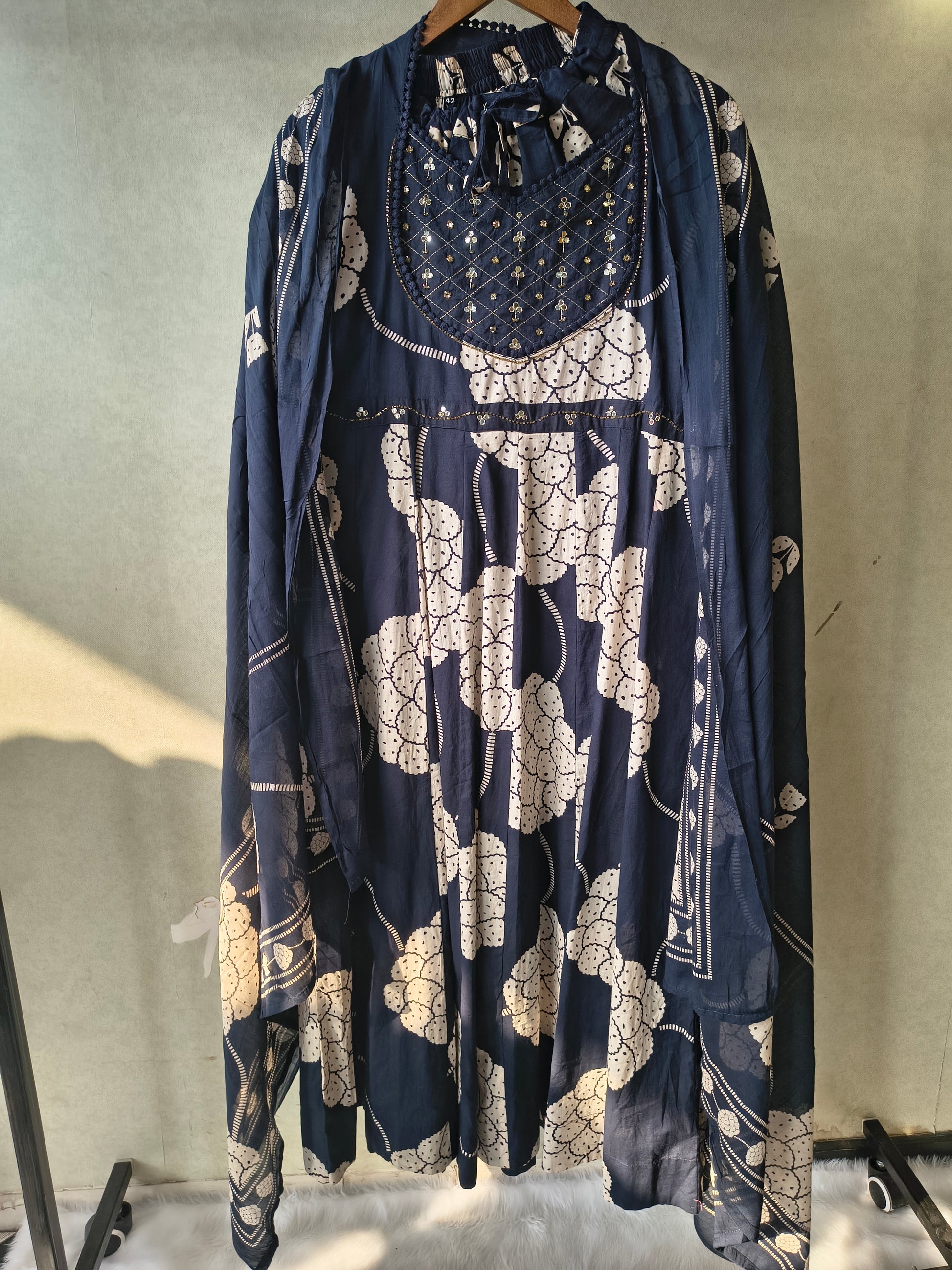 Premium Navy Blue Handblock Printed Cotton Anarkali Suit Set with Printed Pants & Dupatta