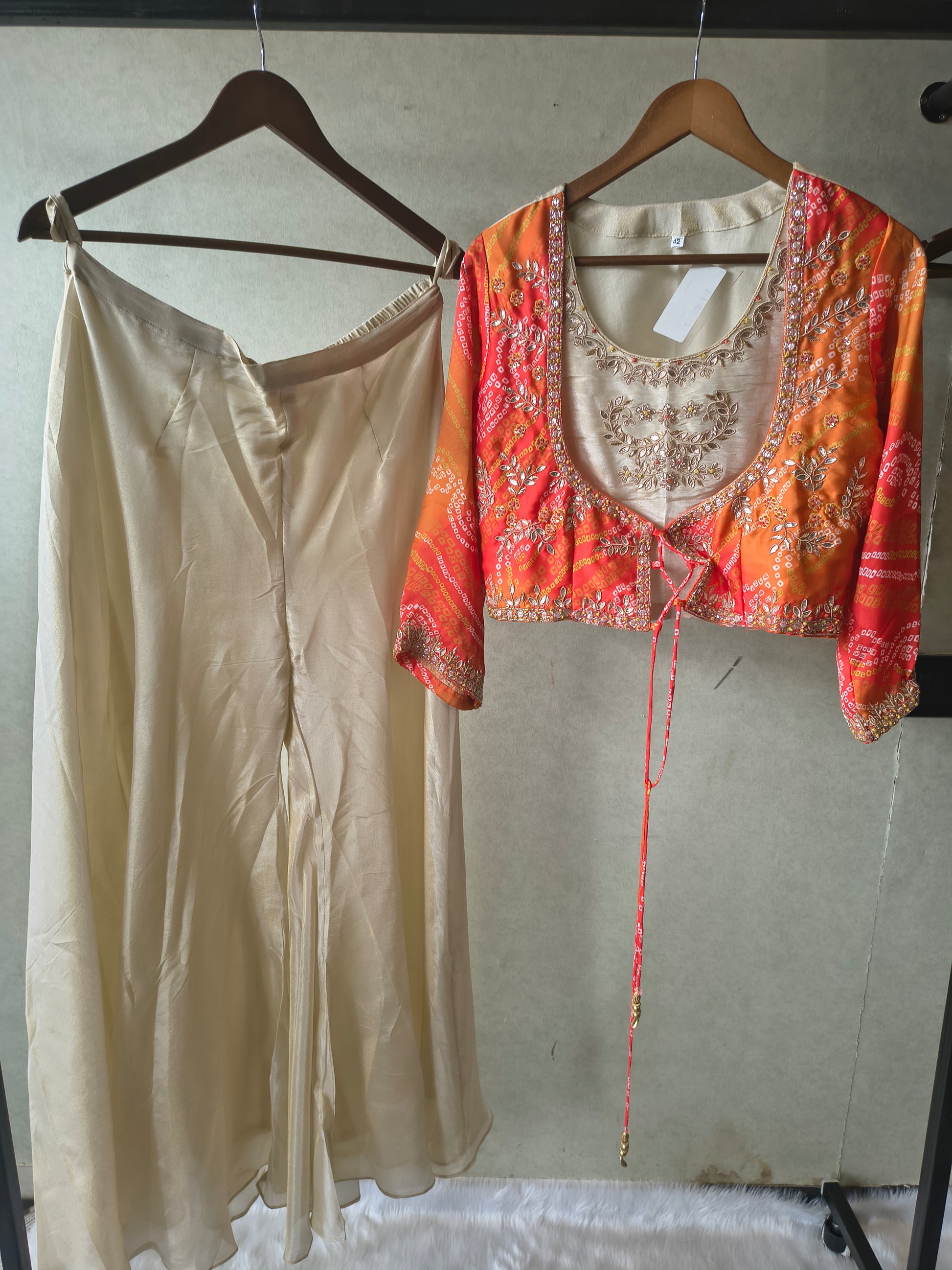 Premium Ivory & Bandhani Orange 3-Piece Designer Palazzo Set with Embroidered Inner & Printed Jacket