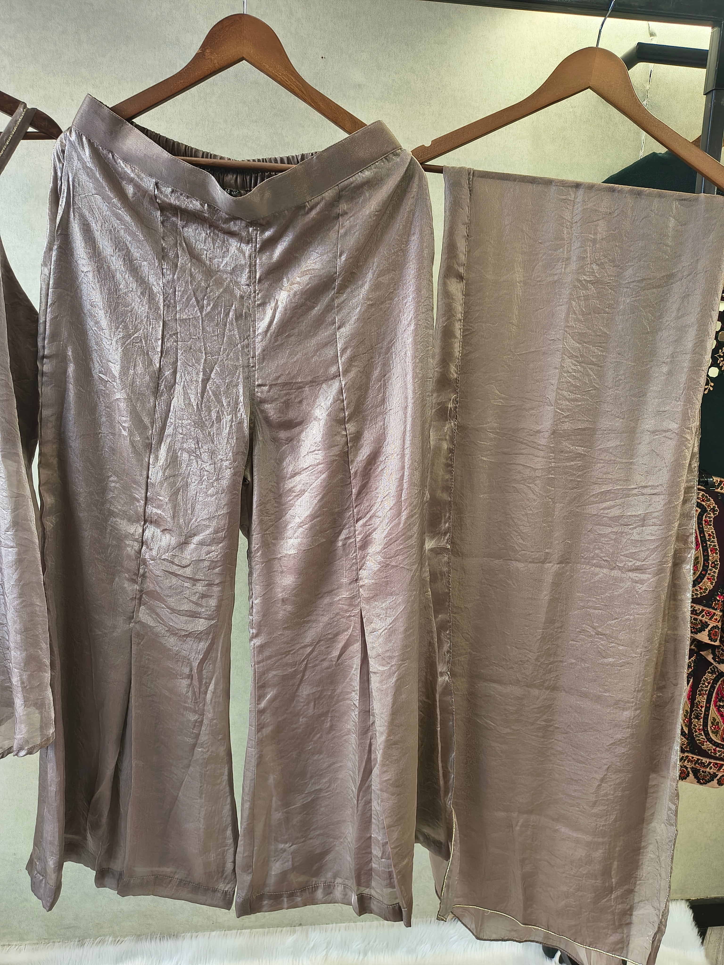 Image of Steel Grey Asymmetrical Embroidered Indo-Western Kurta Set with Straight Pants & Dupatta – 3 Piece Designer Co-Ord Set
