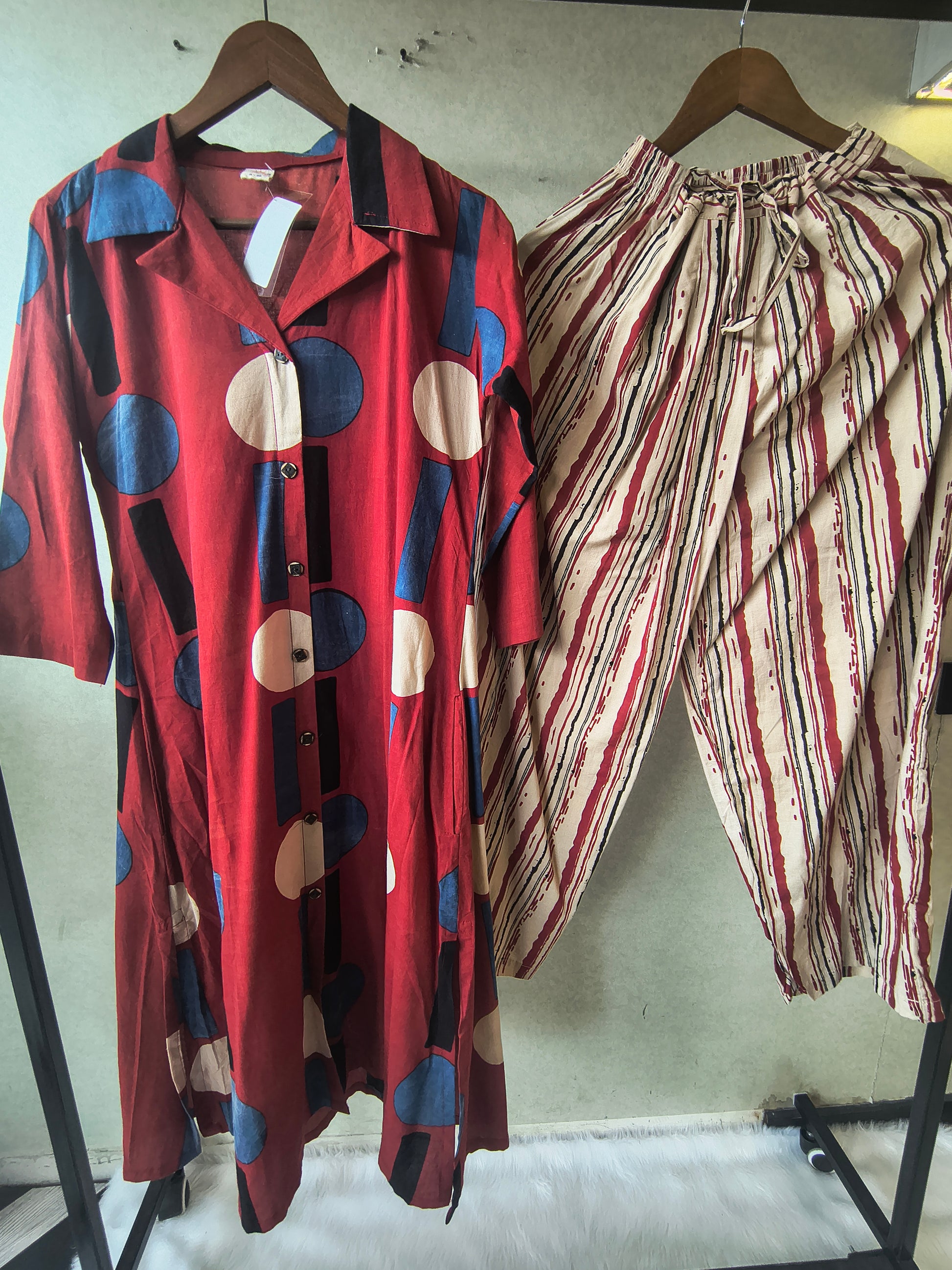 Premium Rust Red Abstract Printed Shirt Kurta with Striped Relaxed Pants Co-Ord Set