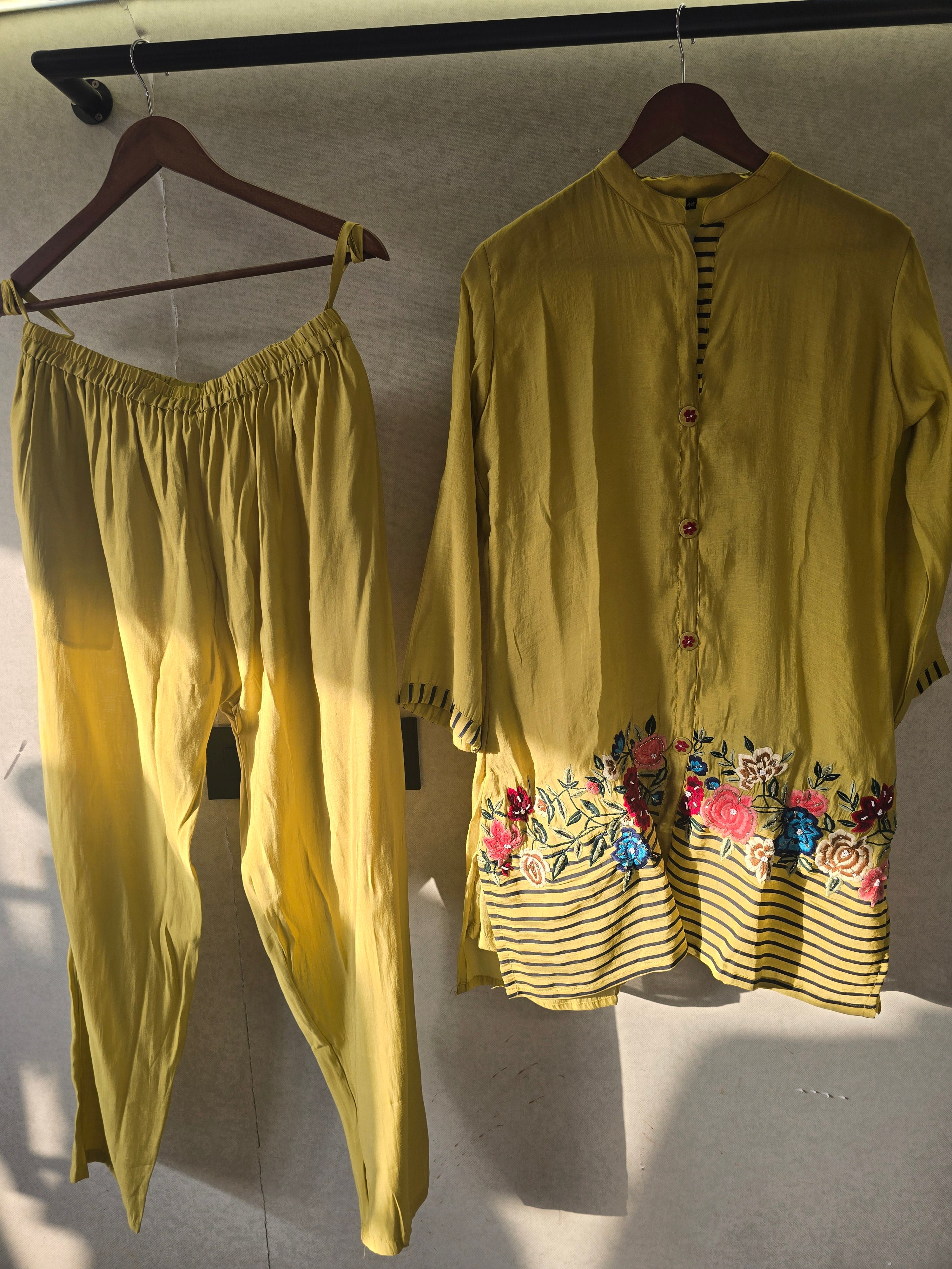 Image of Mustard Floral Embroidered Co-Ord Set