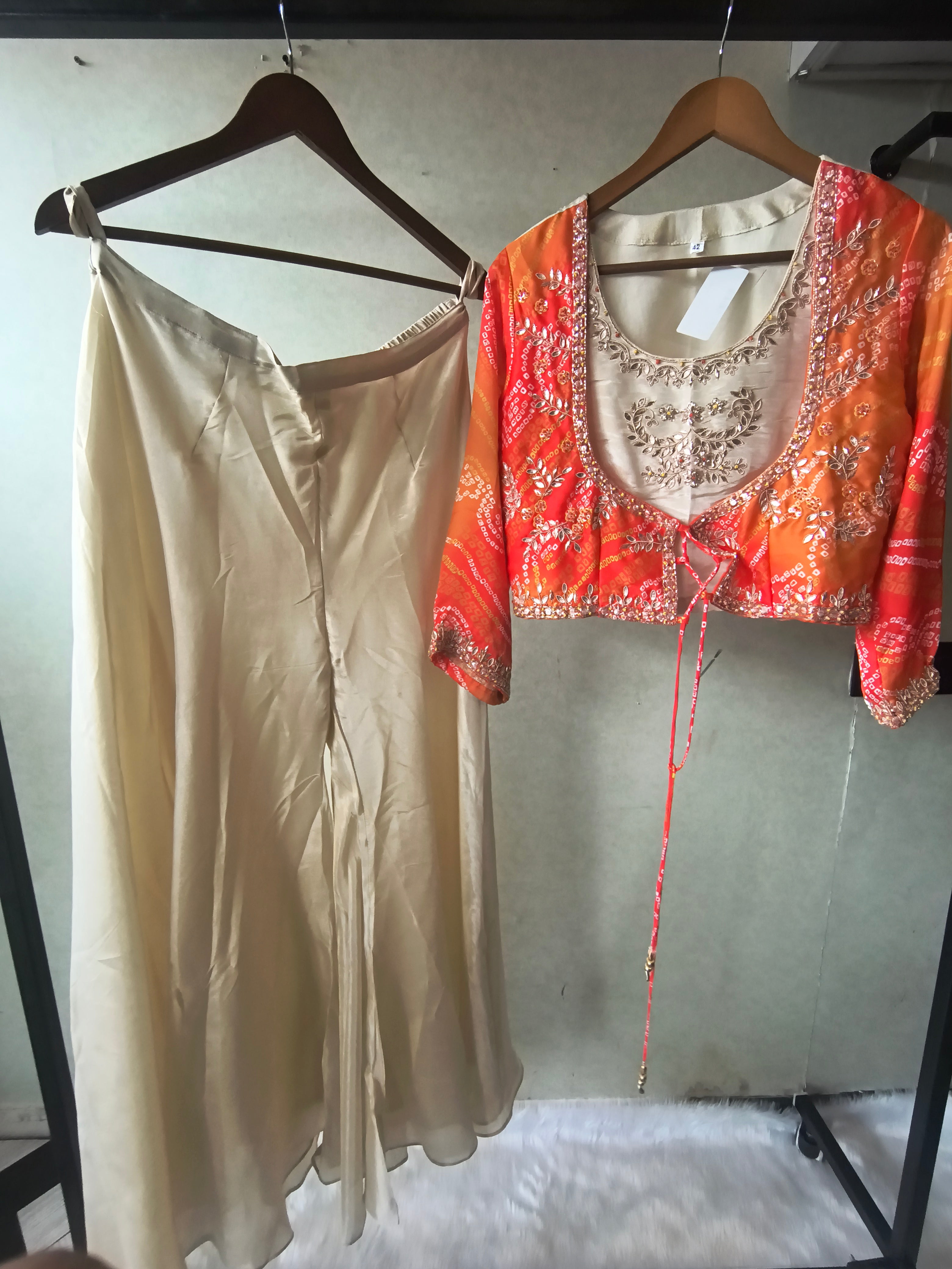 Image of Premium Ivory & Bandhani Orange 3-Piece Designer Palazzo Set with Embroidered Inner & Printed Jacket