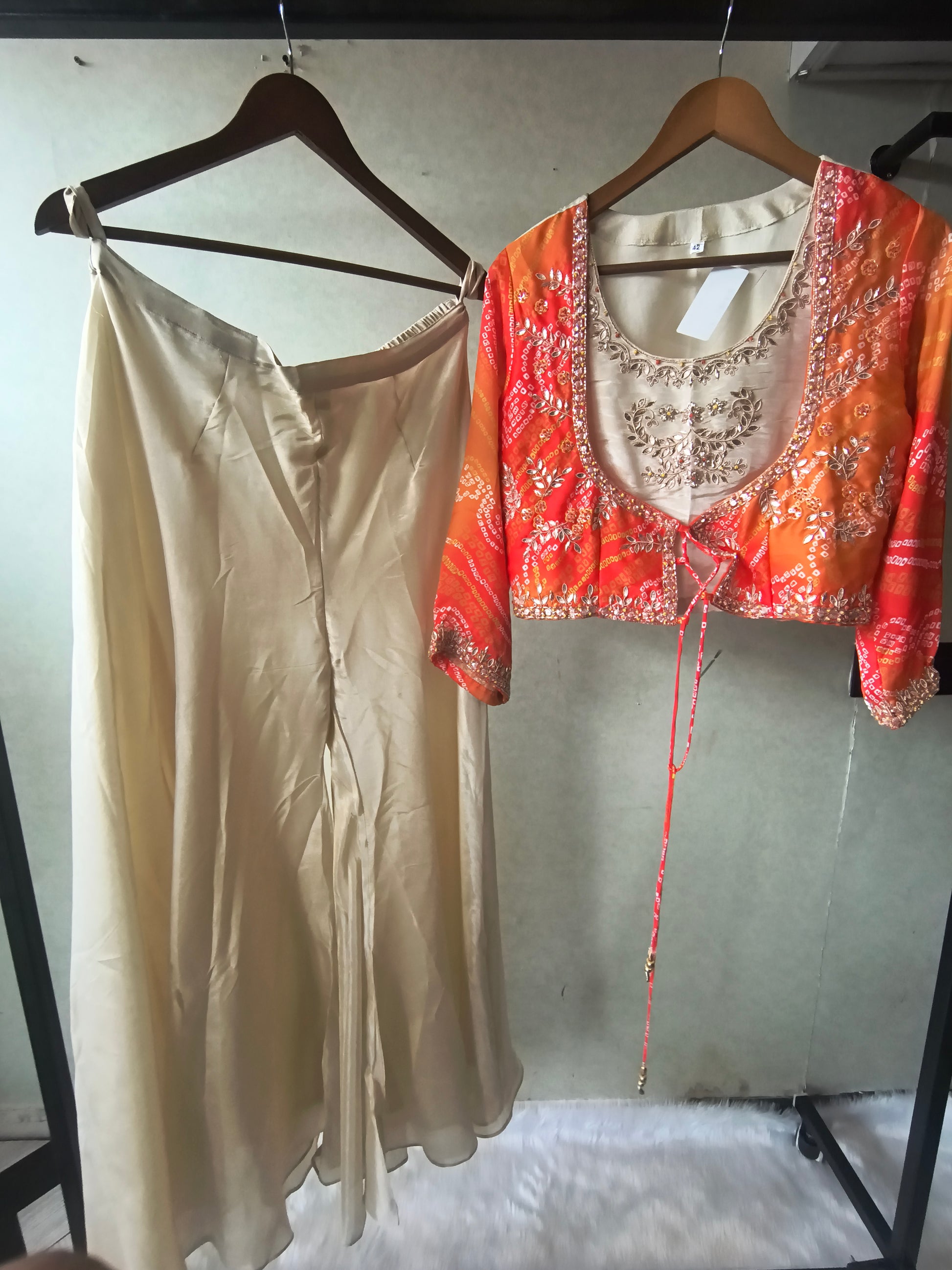Premium Ivory & Bandhani Orange 3-Piece Designer Palazzo Set with Embroidered Inner & Printed Jacket