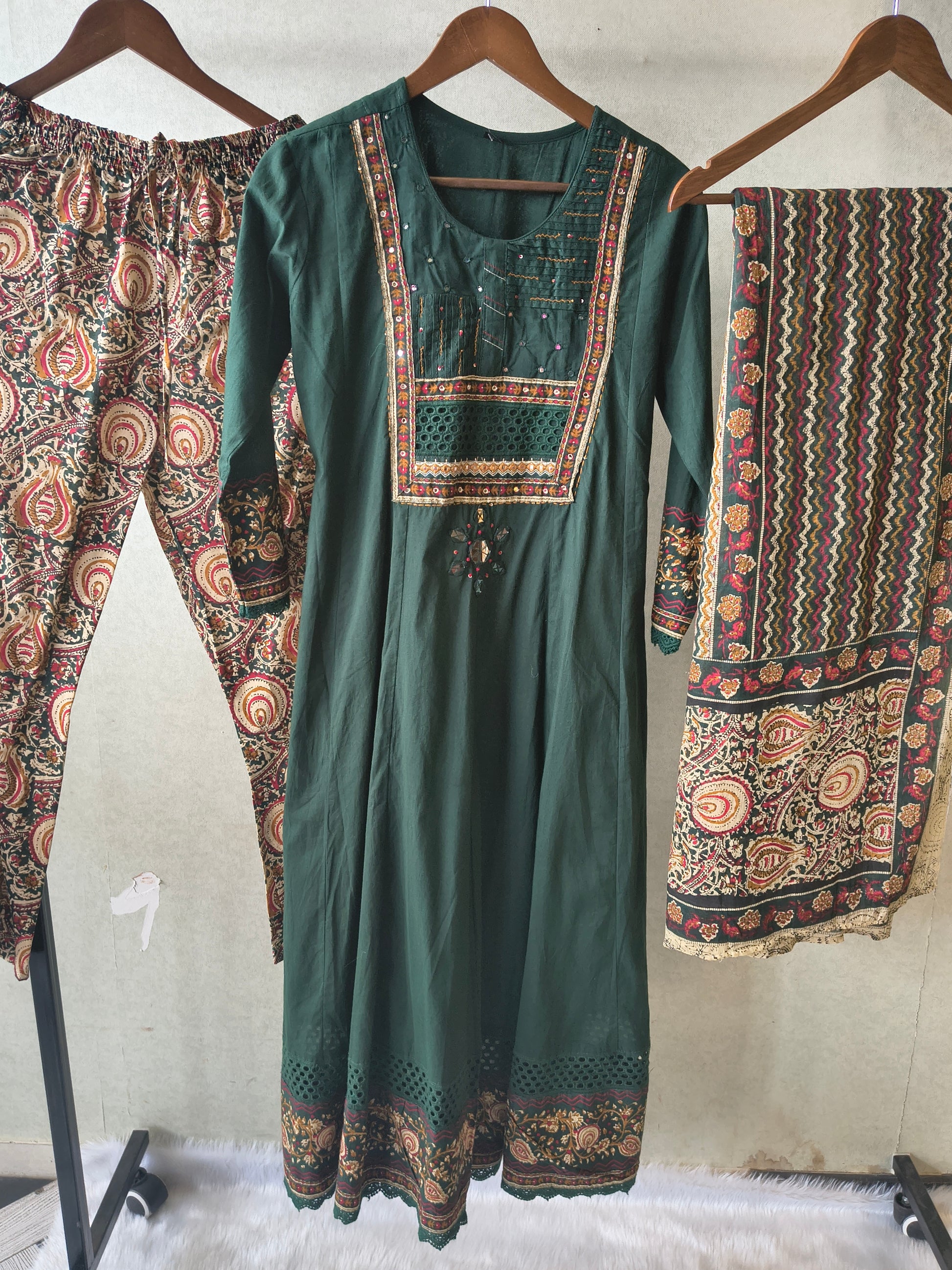 Emerald Green Embroidered Three-Piece Kurta Set with Printed Pant & Designer Dupatta