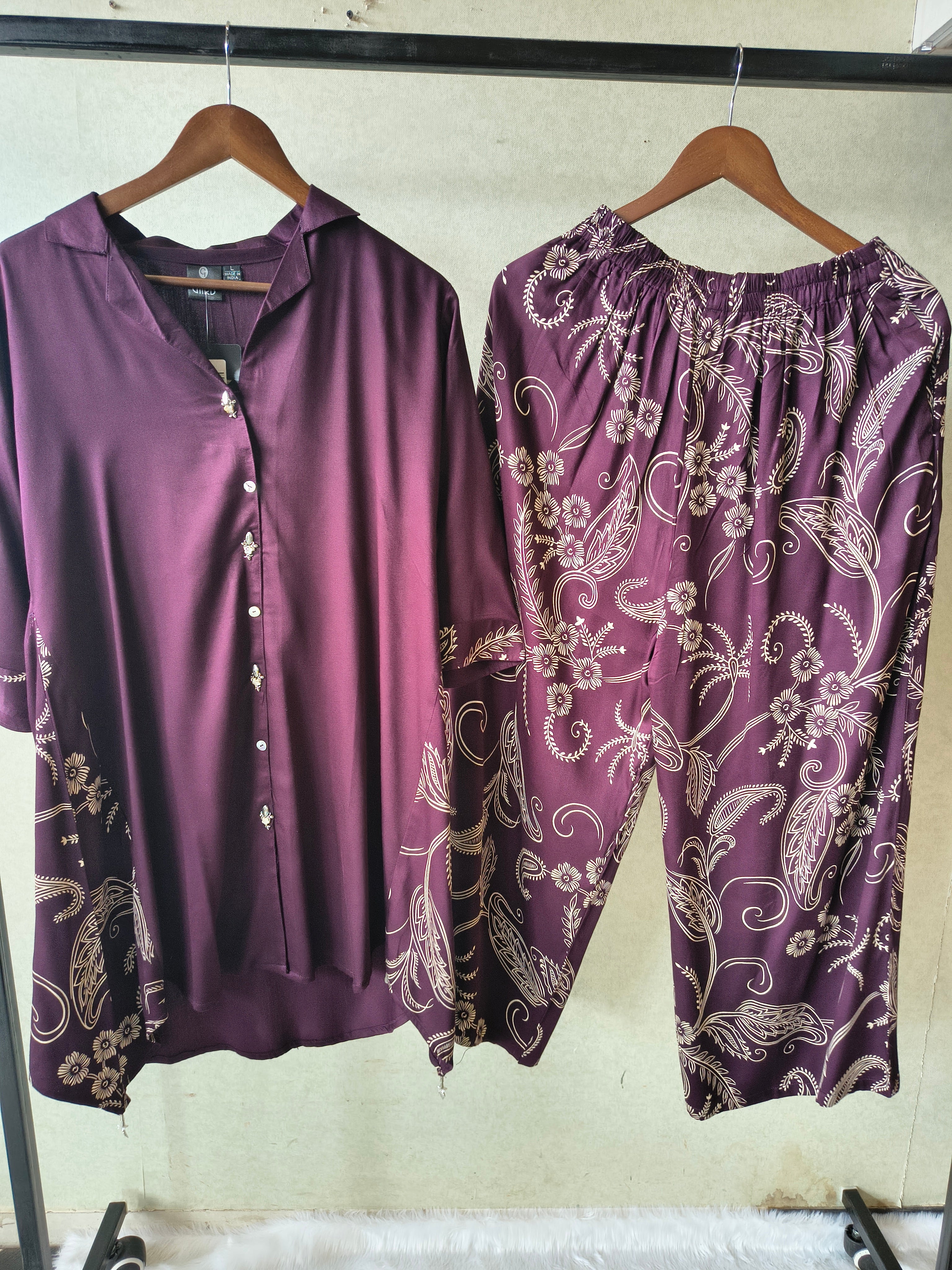 Image of Premium Plum Satin Co-Ord Kurta Set with Printed Straight Pants