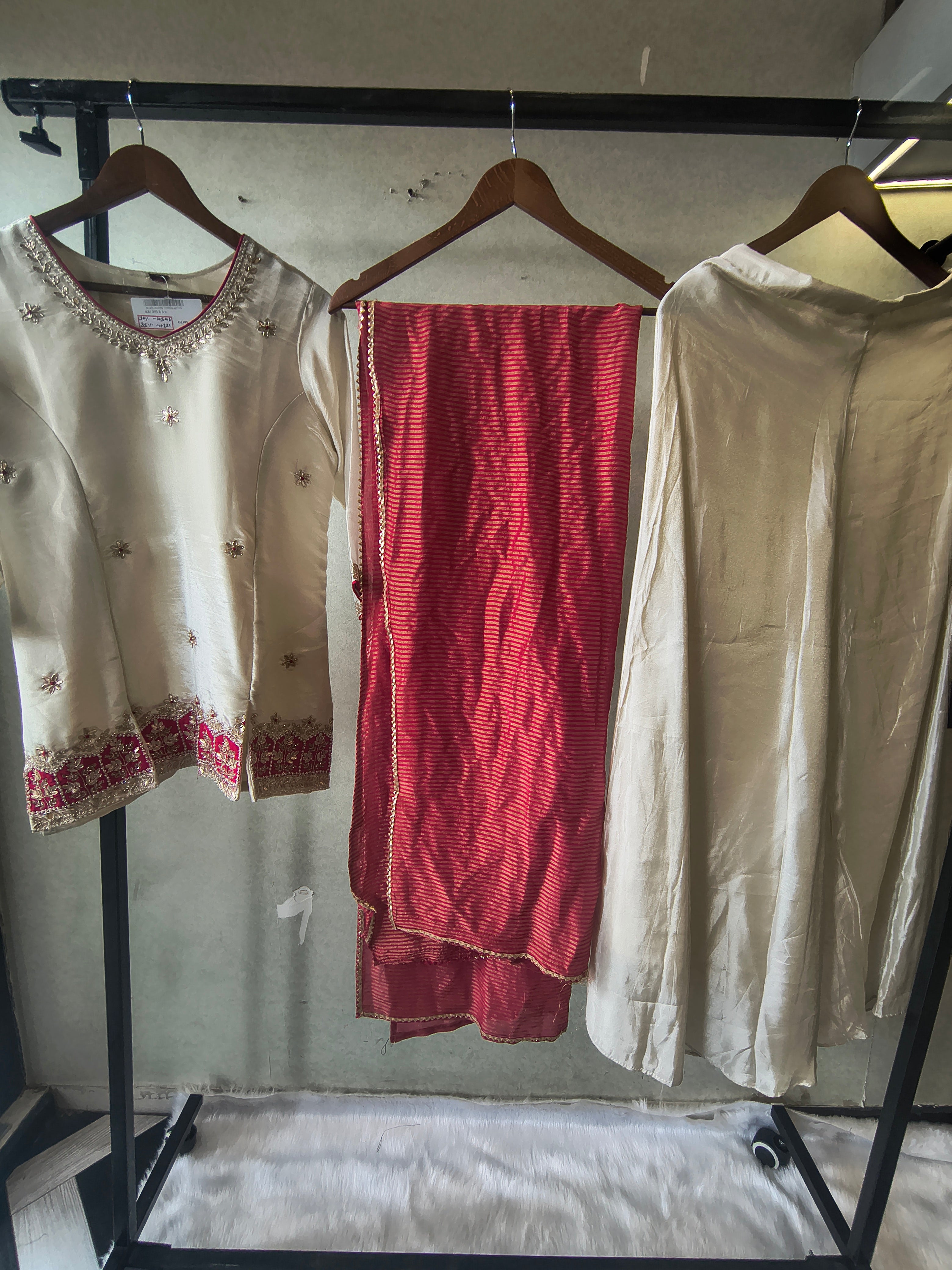 Image of Ivory Tissue Silk Embroidered Kurta with Flared Palazzo & Contrast Pink Leheriya Dupatta – 3 Piece Festive Set