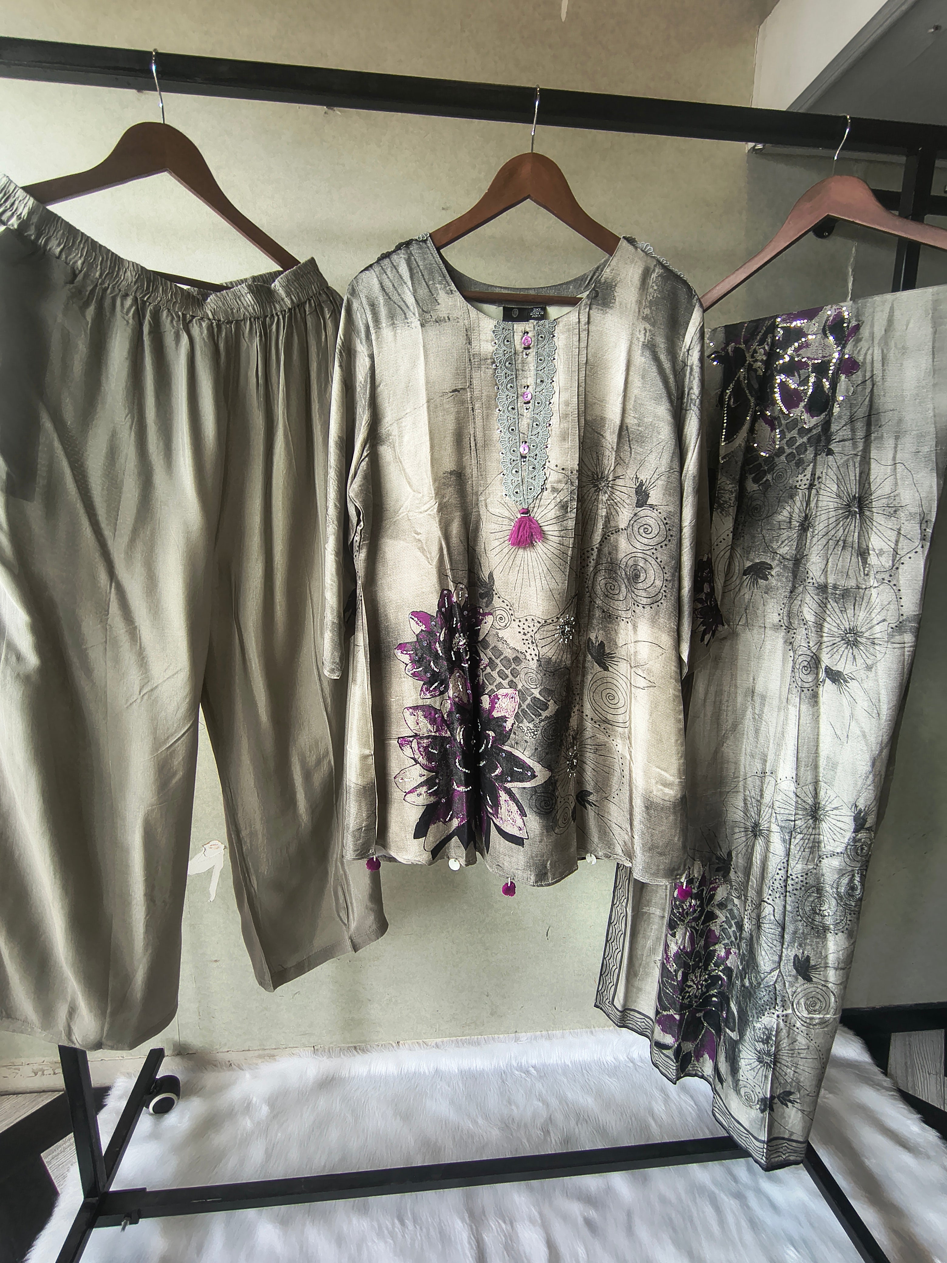 Image of Premium Grey Abstract Floral Printed Kurta Set with Embellished Neckline, Solid Pants & Designer Printed Dupatta
