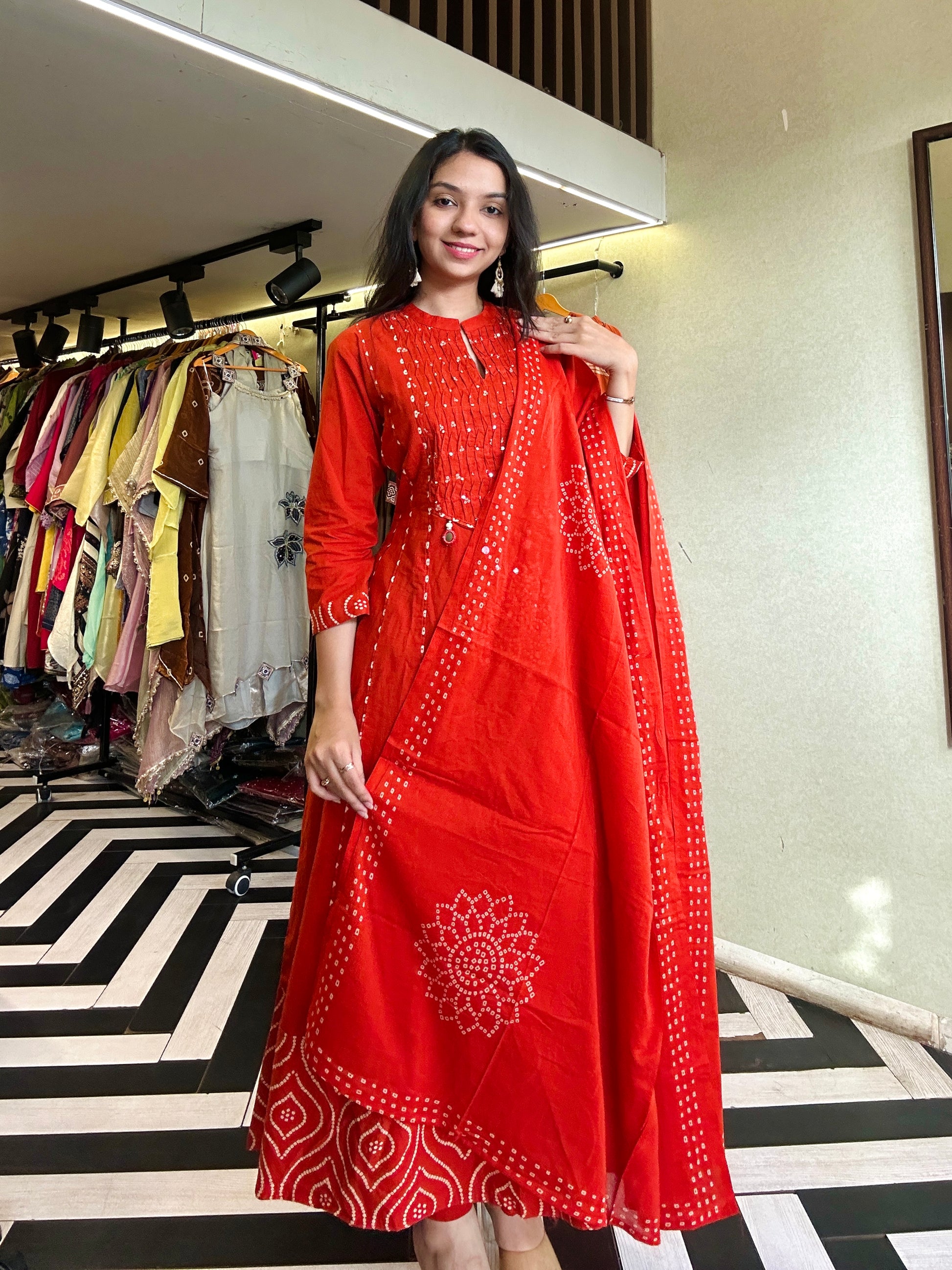 Pure Mull Cotton Bandhani 3 Piece Anarkali Set