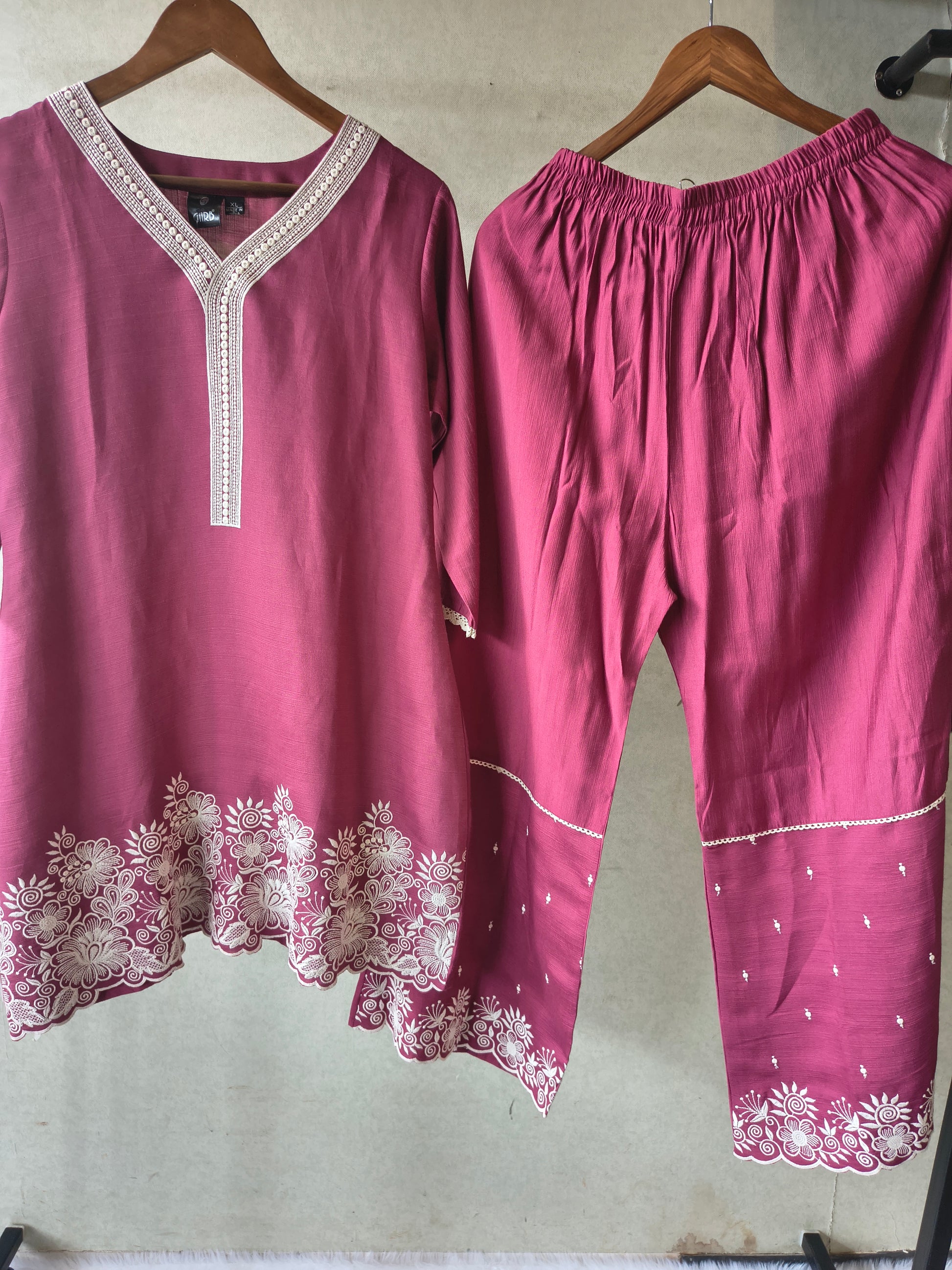 Premium Wine Pink Embroidered Kurta Set with Matching Embroidered Palazzo & Dupatta
