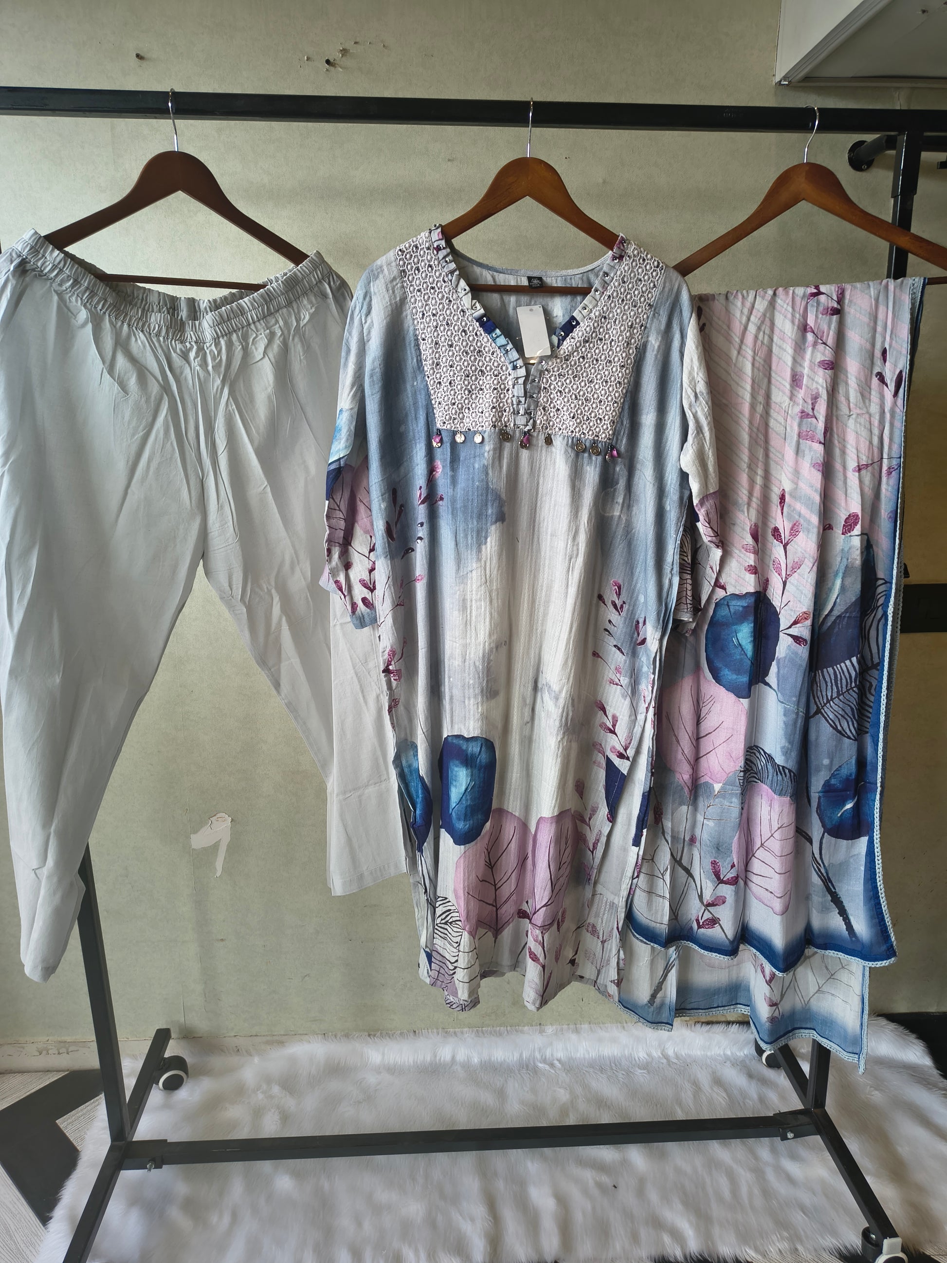 Premium Ice Blue Floral Printed Straight Kurta Set with Crochet Yoke, Straight Pants & Designer Dupatta