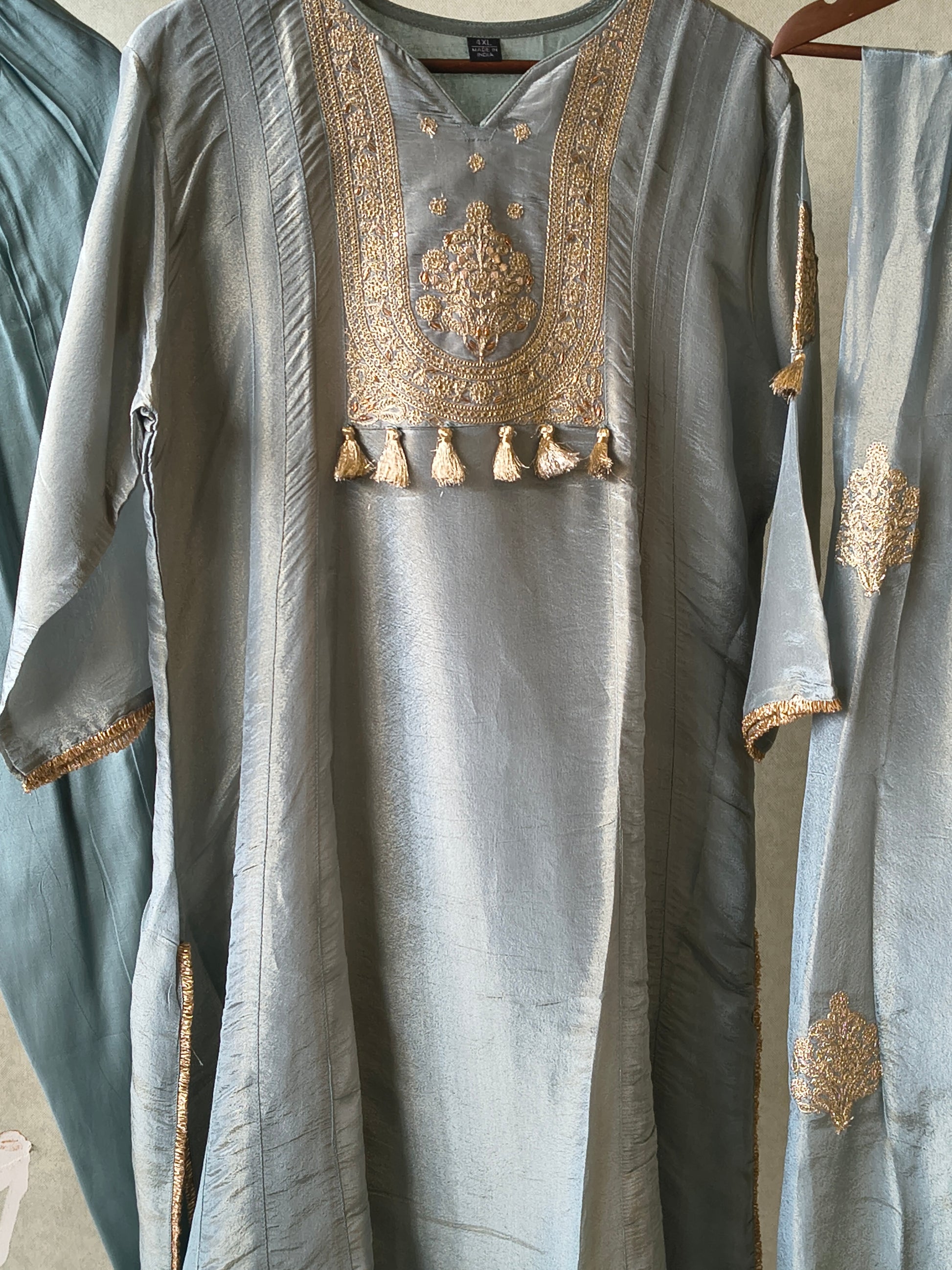 Premium Sage Blue Embroidered A-Line Kurta Set with Dupatta