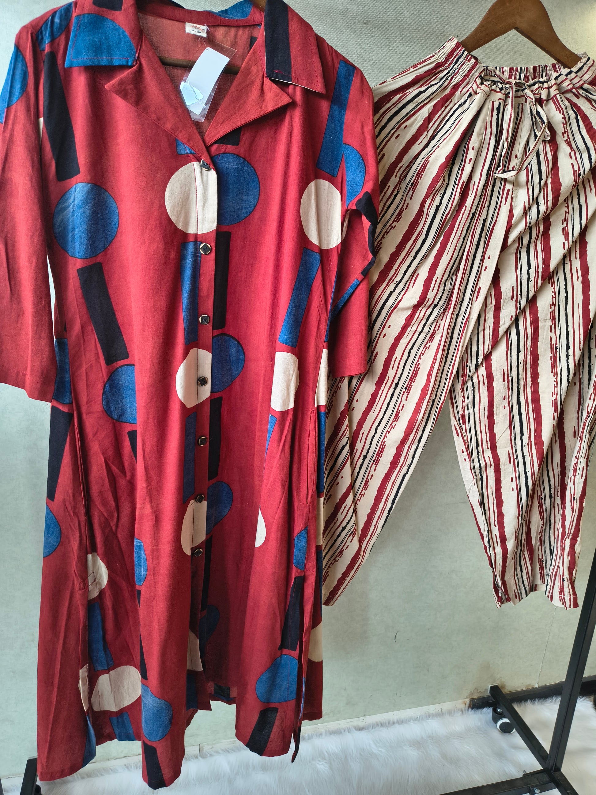 Premium Rust Red Abstract Printed Shirt Kurta with Striped Relaxed Pants Co-Ord Set