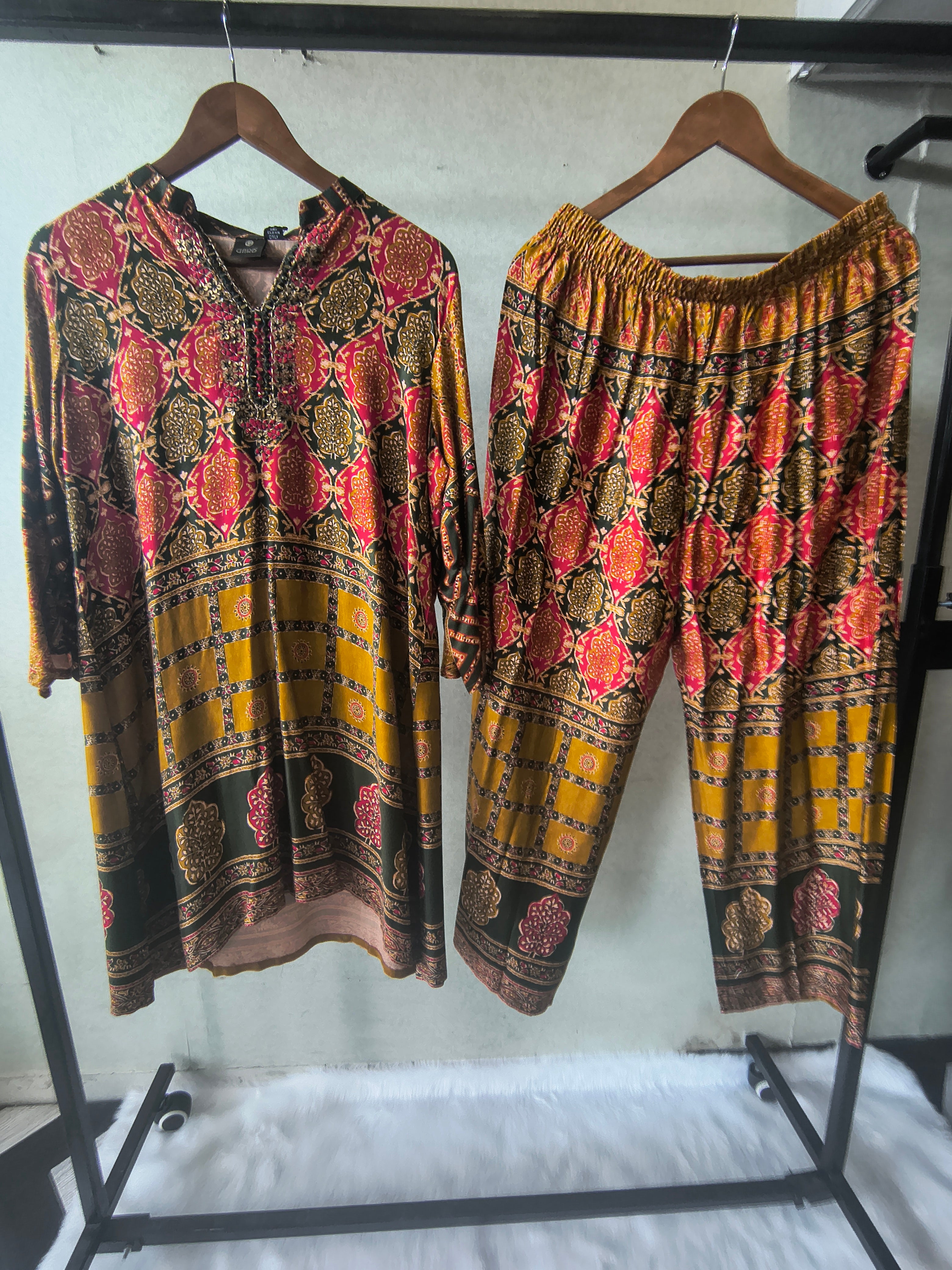 Image of Premium Olive Green & Mustard Heritage Print Co-Ord Kurta Set with Straight Pants
