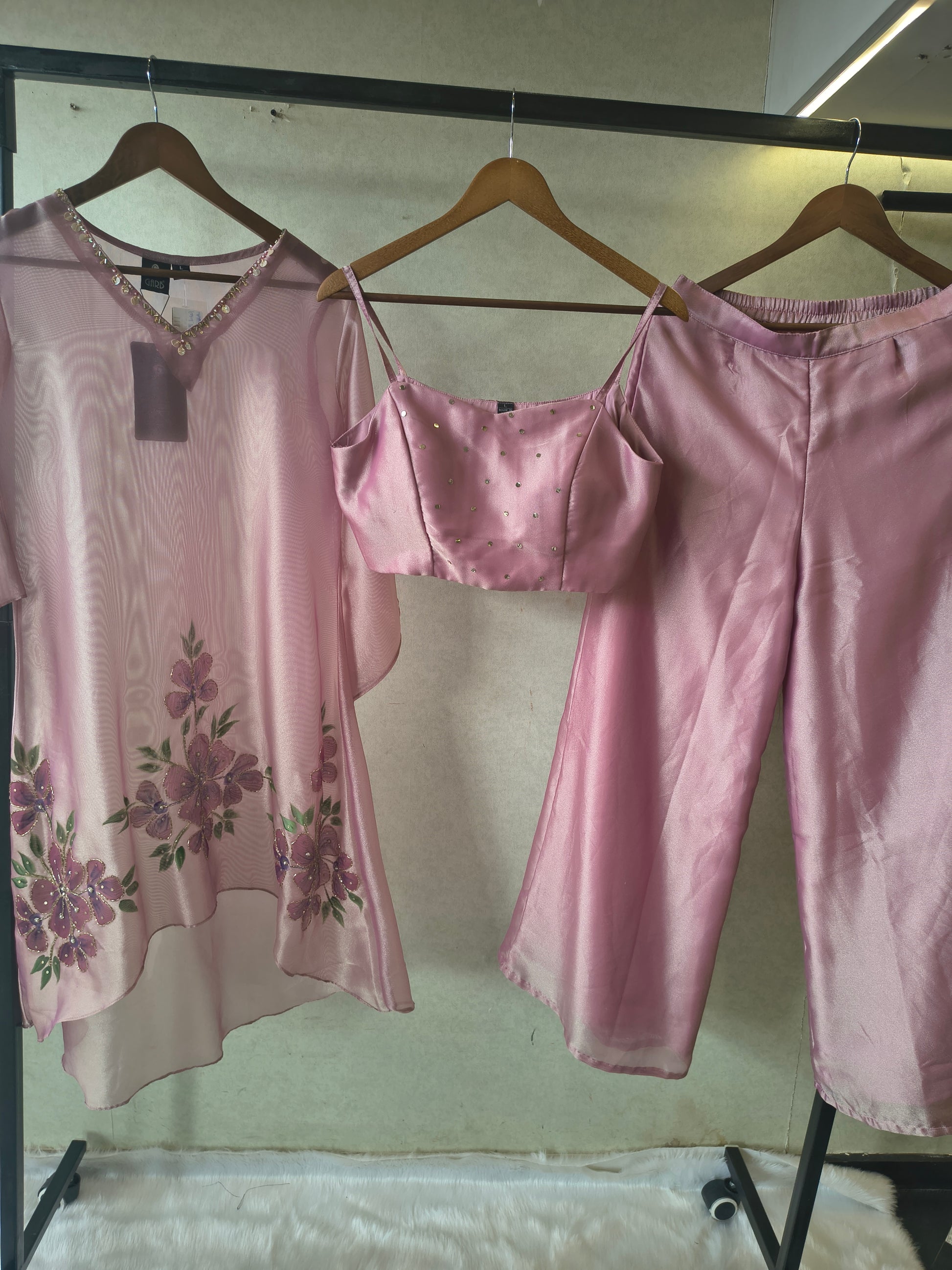 Blush Pink Floral Embroidered Kaftan Co-ord Set with Hand-Painted Cape, Embellished Blouse & Palazzo
