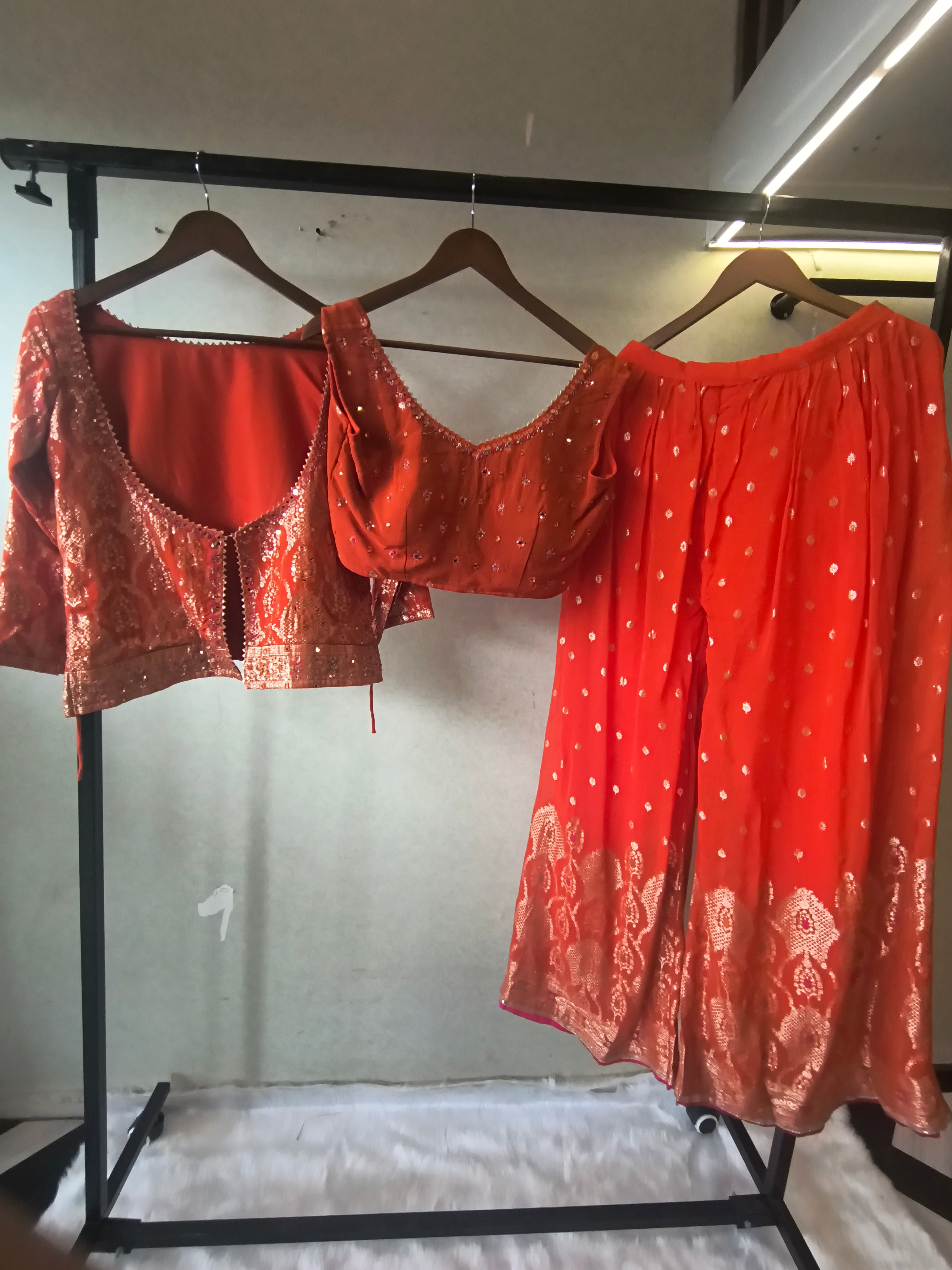 Image of Rust Orange Banarasi Embroidered Lehenga Set with Handworked Blouse & Embellished Blouse – Designer 3 Piece Festive Ensemble
