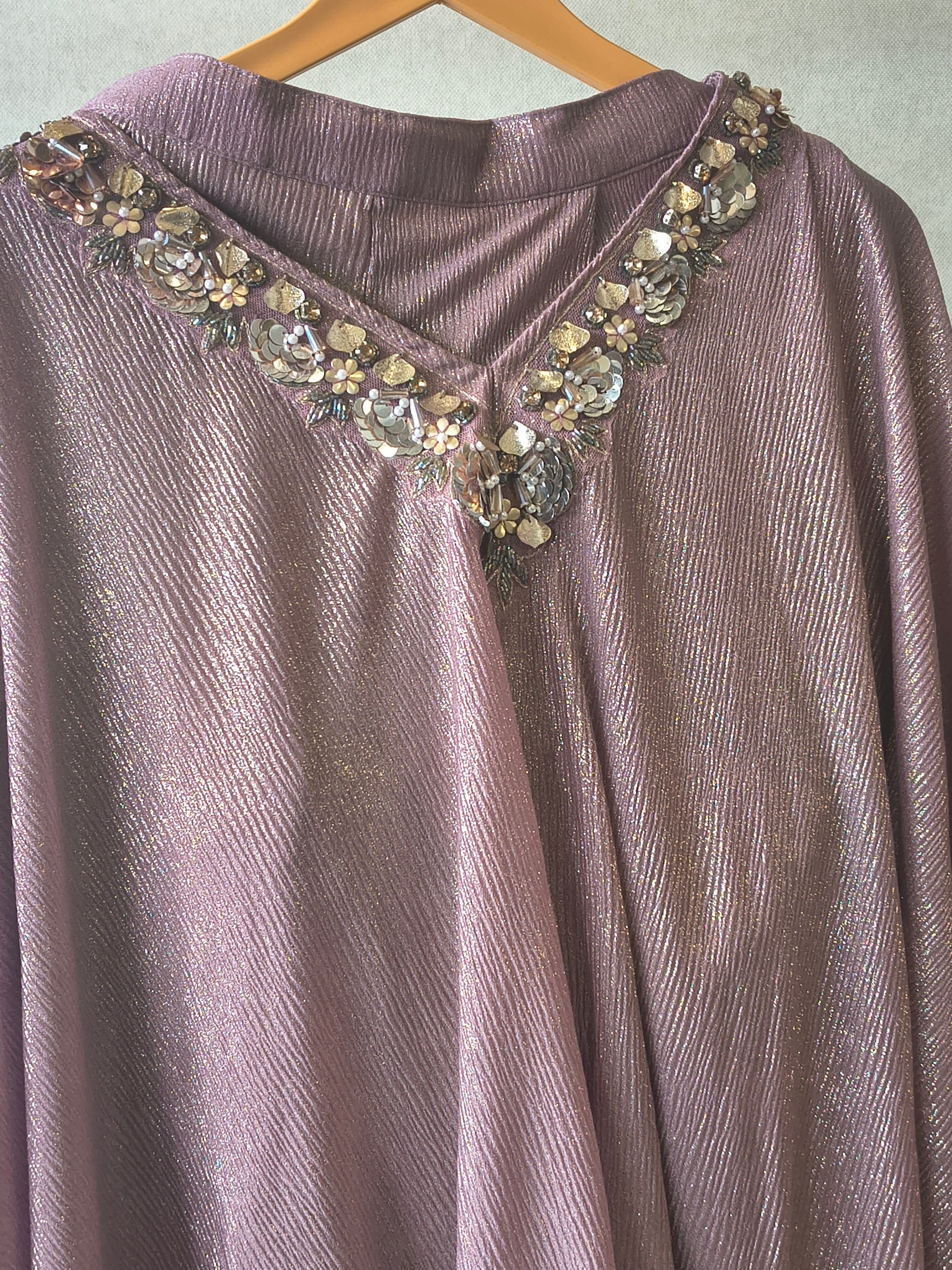 Premium Rose Gold Shimmer Kaftan Co-Ord Set with Hand Embellished Cape & Straight Pants