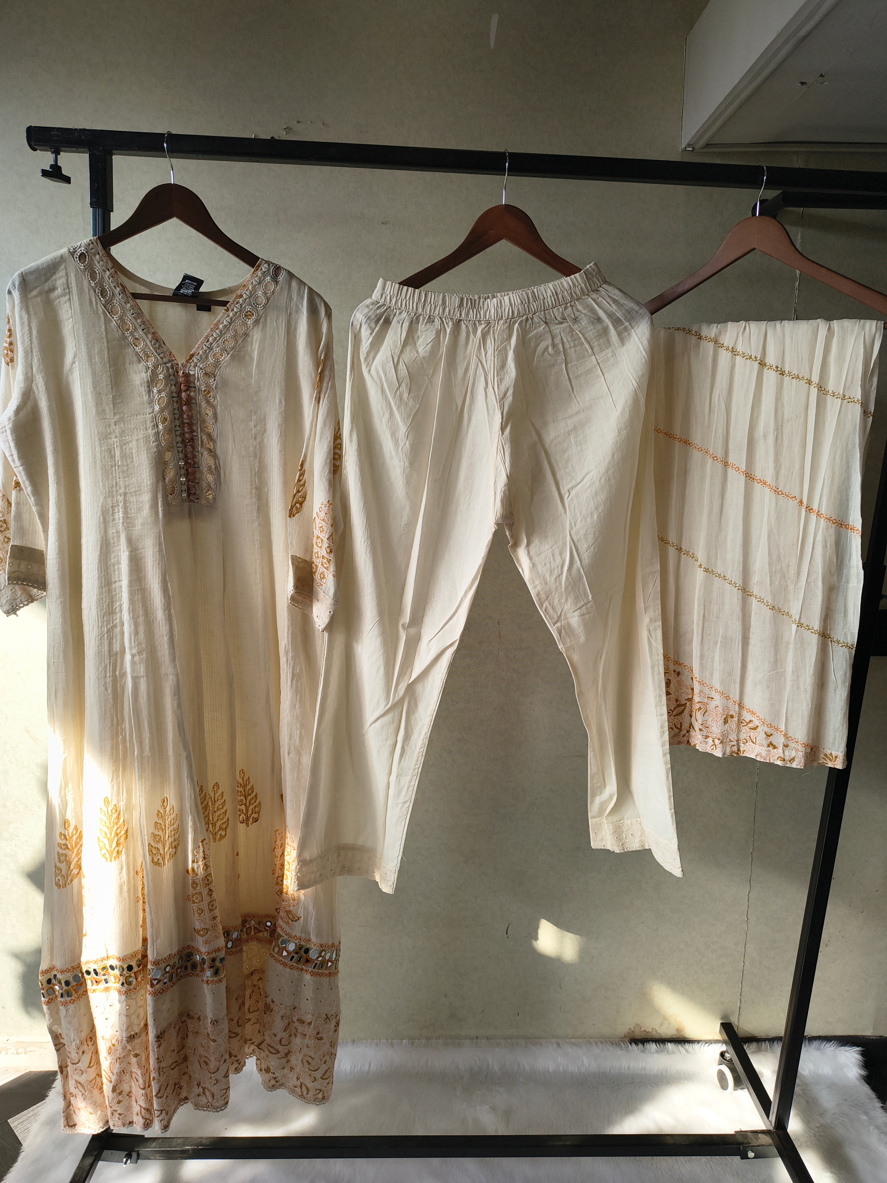 Image of Premium Ivory Embroidered Anarkali Kurta Set with Mirror Work & Cotton Dupatta