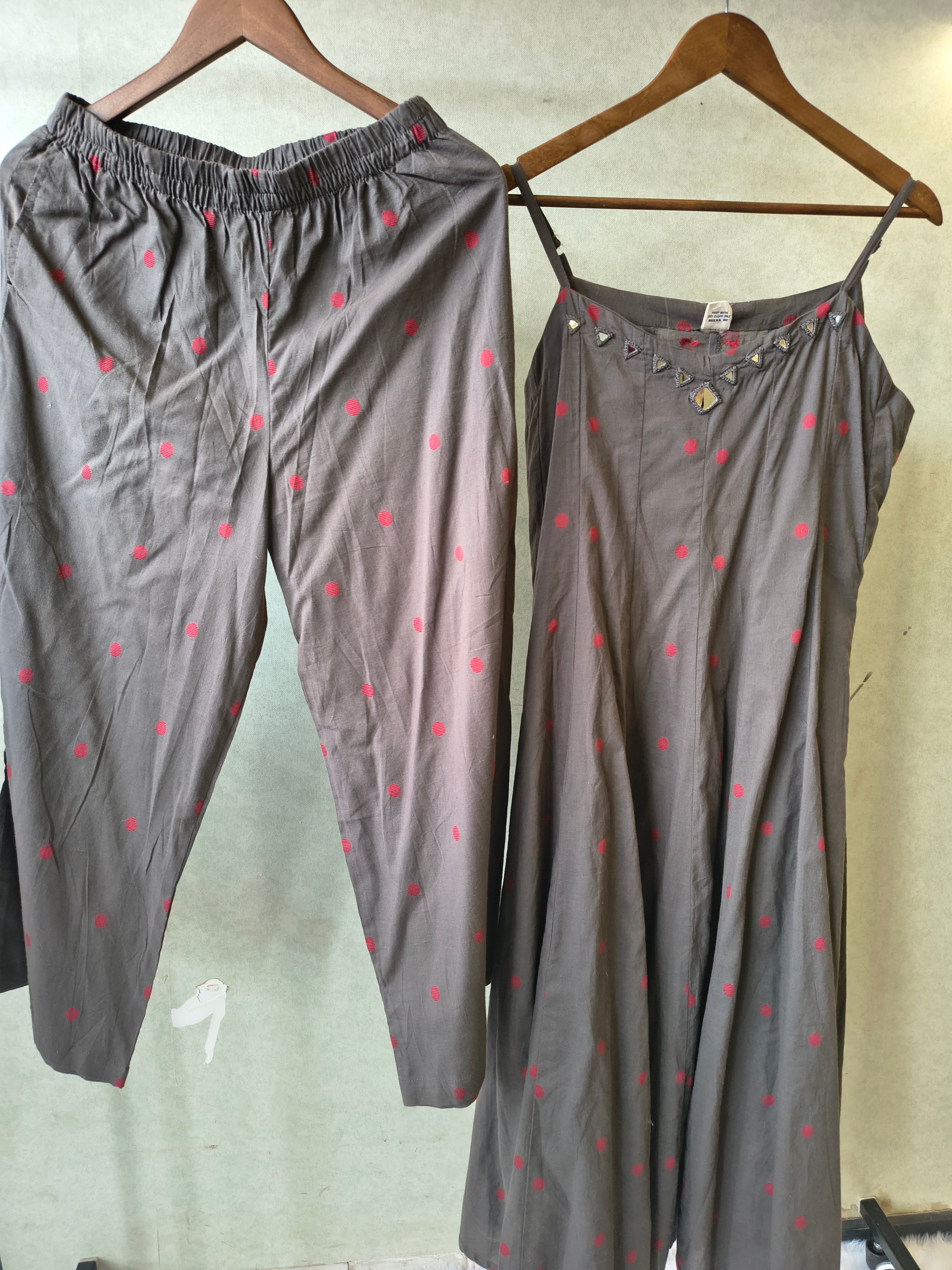 Image of Premium Charcoal Grey Polka Dot Cotton Sleeveless A-Line Kurta & Pant Co-Ord Set