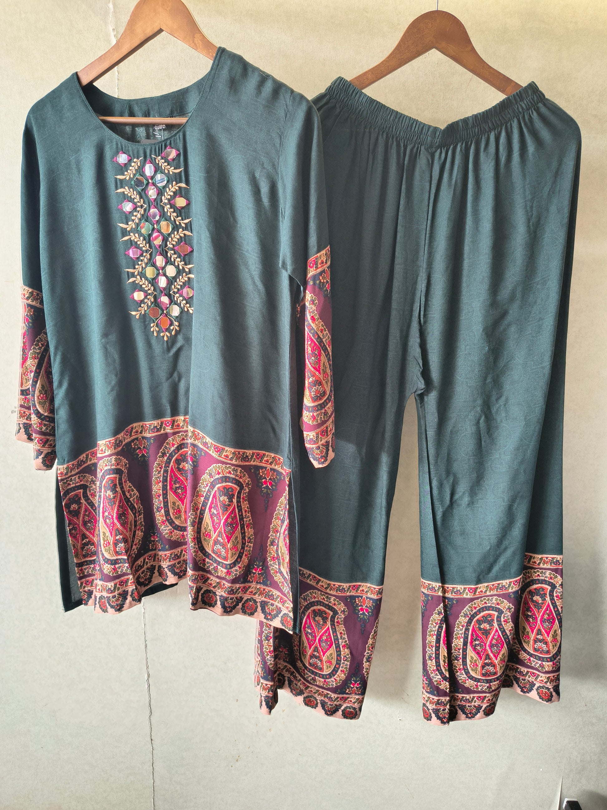 Premium Teal Mirror Work Printed Kurta Pant Co-Ord Set