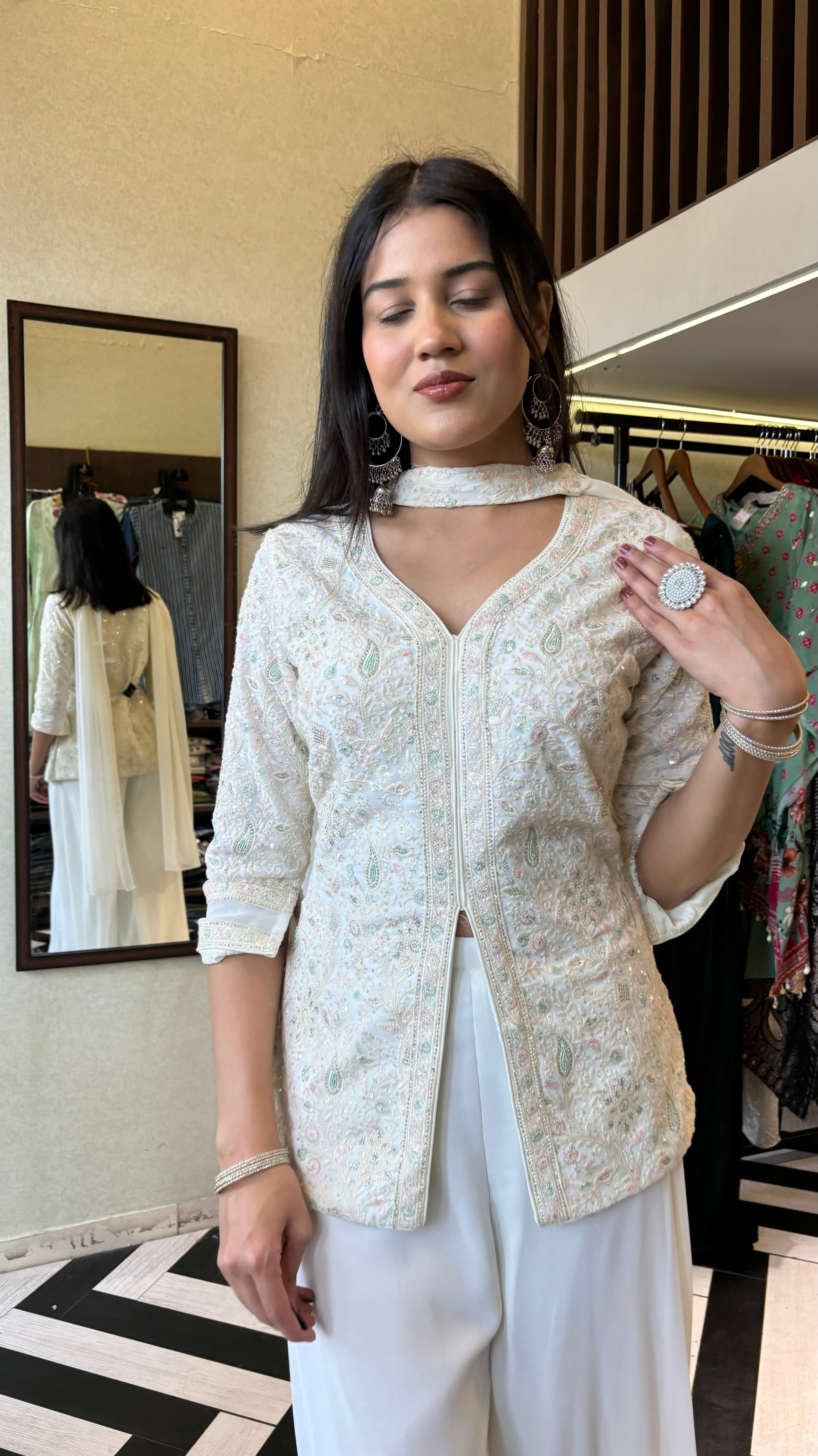 Image of Pure Lucknowi with Georgette Plazzo 3 Piece Indo western
