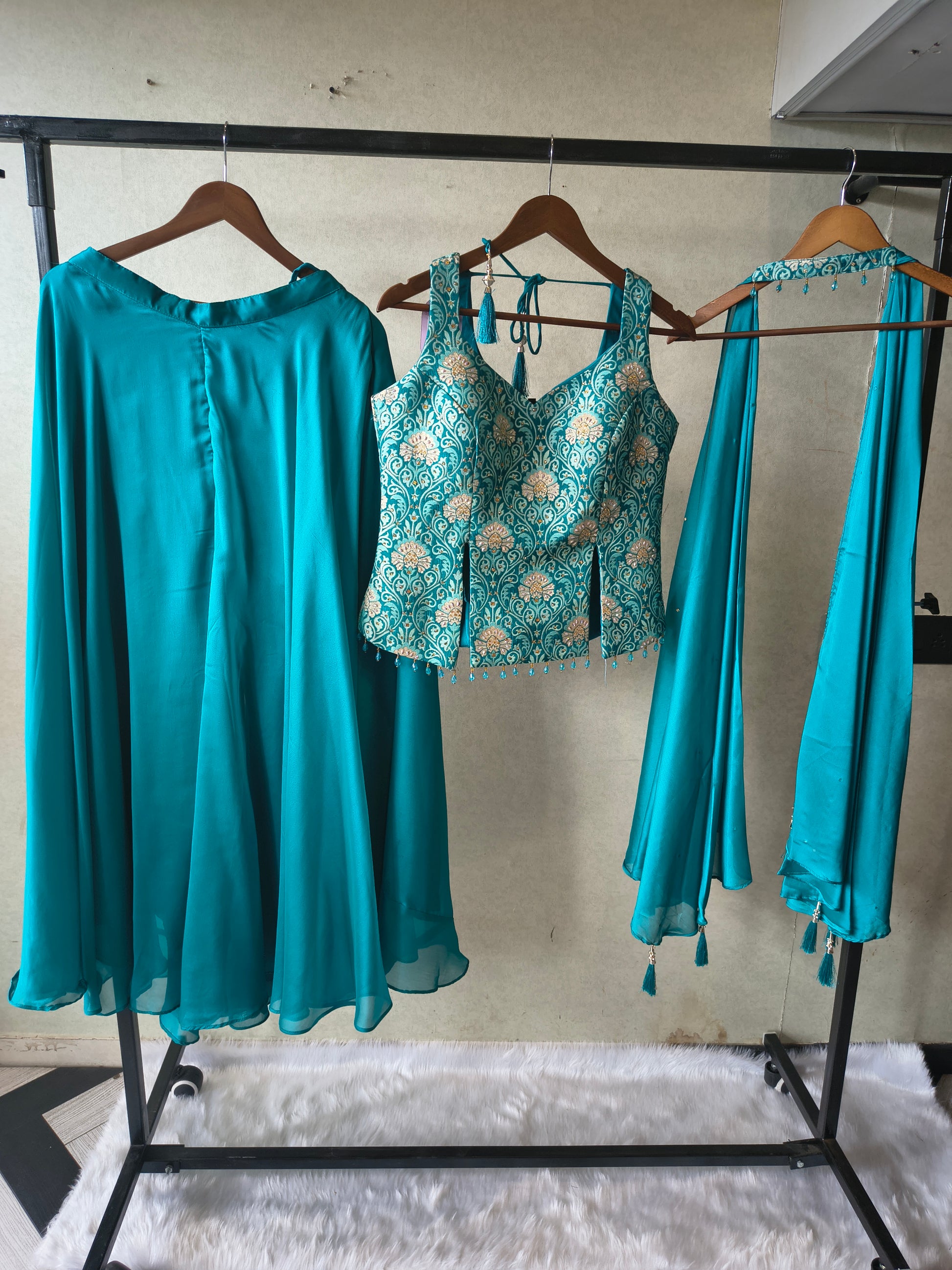 Premium Turquoise Blue 3-Piece Designer Lehenga Set with Brocade Embroidered Blouse & Tassel Dupatta