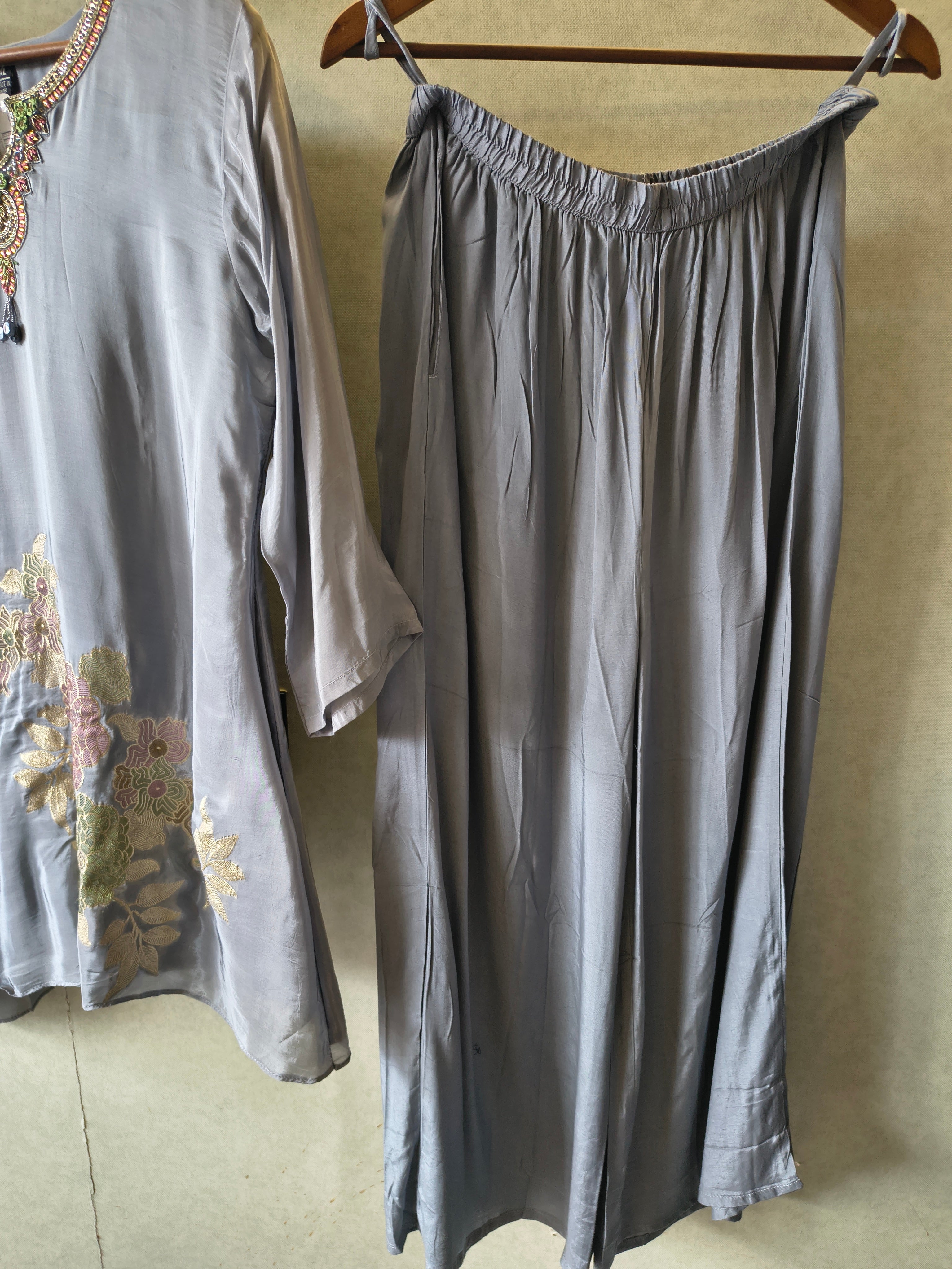 Image of Grey Embroidered Premium Silk Co-Ord Set