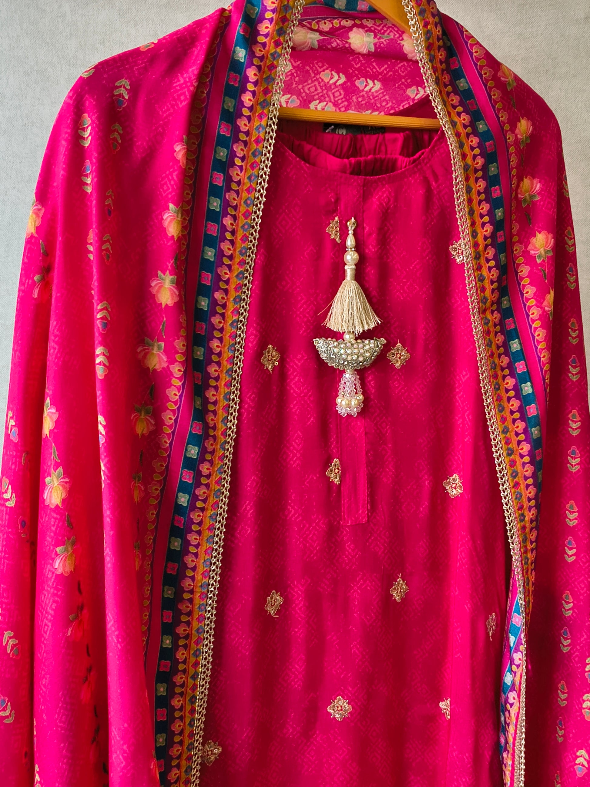Premium Rani Pink Printed Straight Kurta with Cigarette Pants & Dupatta Set
