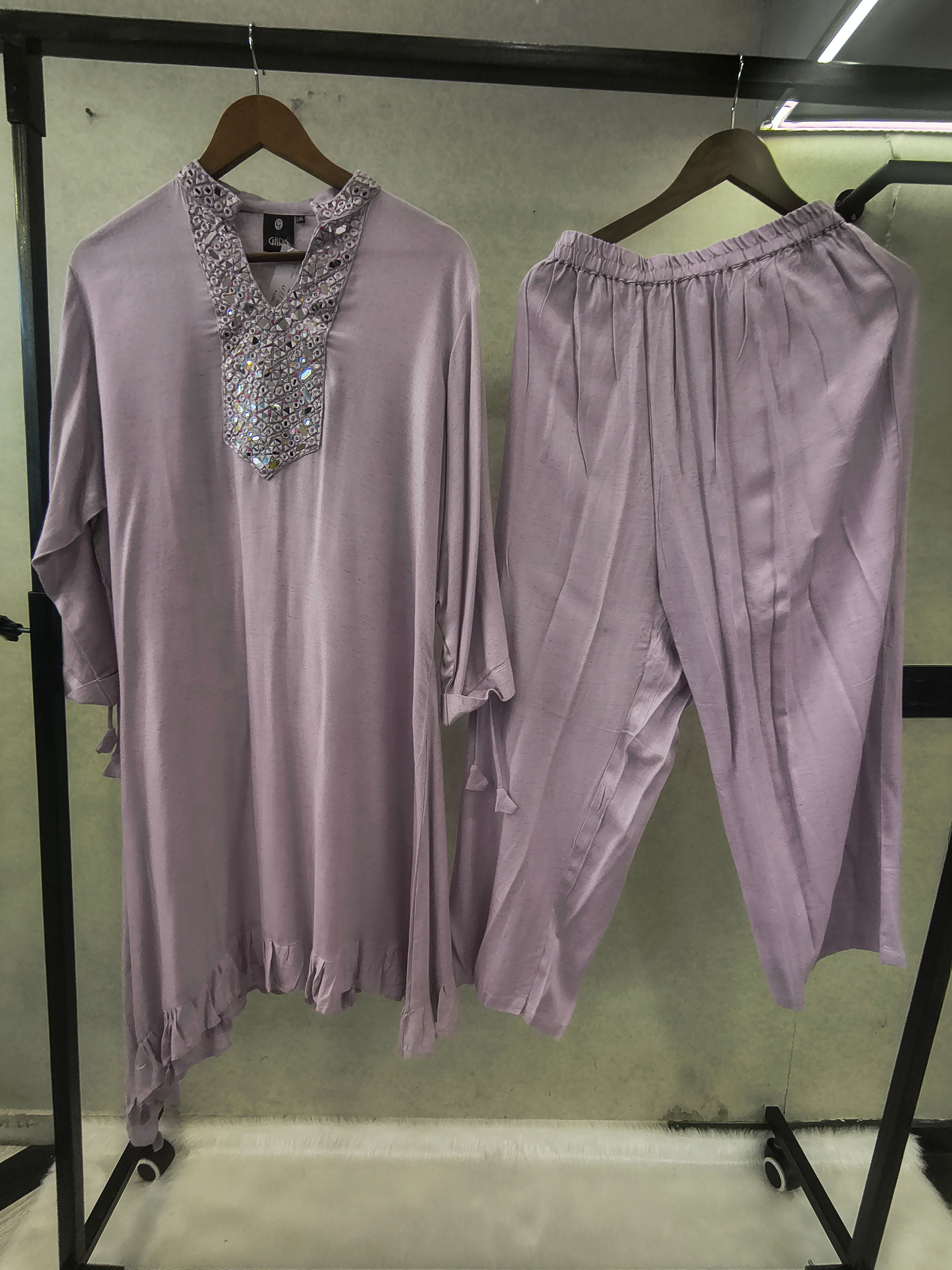 Image of Premium Lilac Mirror Work Co-Ord Kurta Set with Designer Embellished Neckline