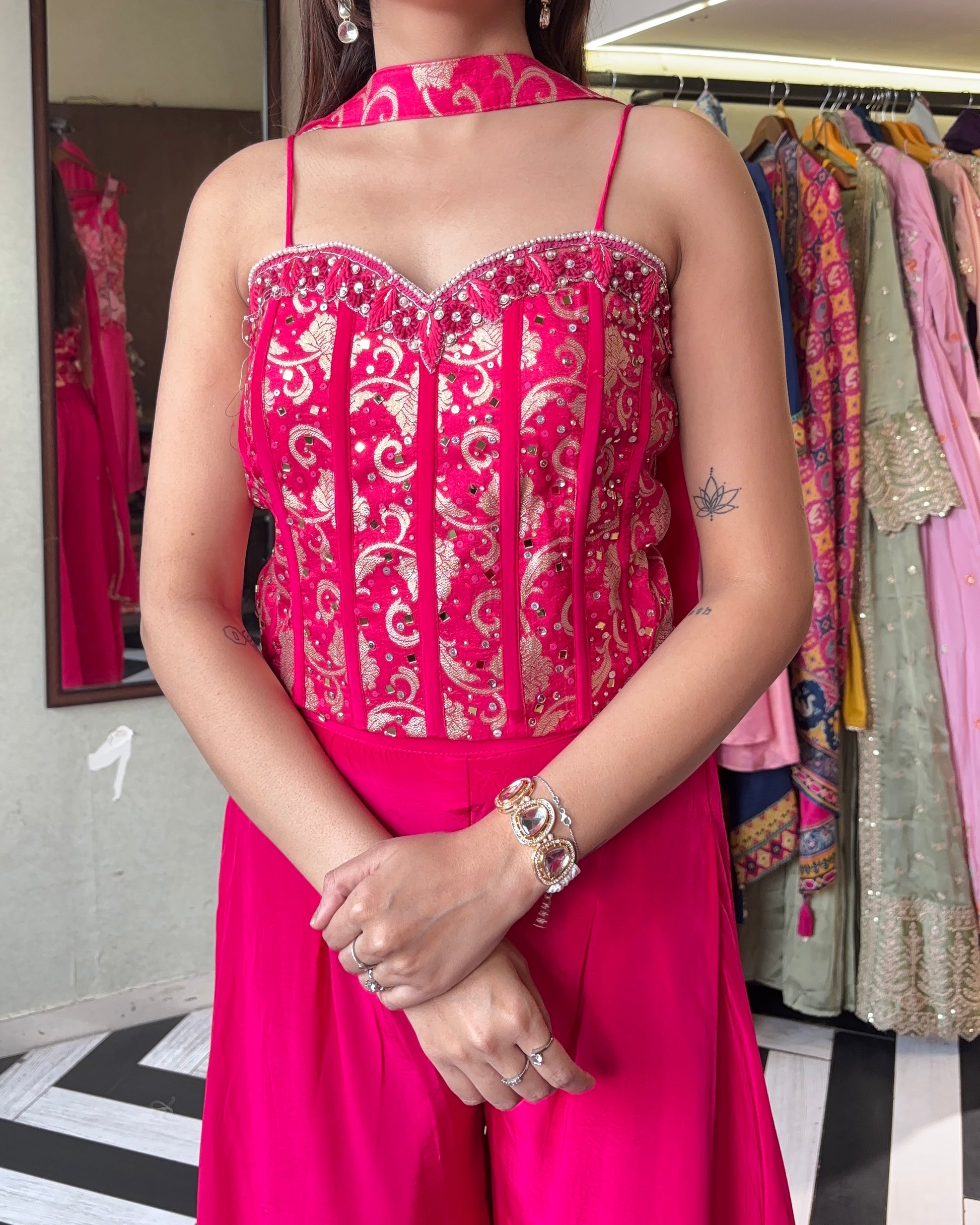 ✨ Pure Jacquard × Crepe Palazzo Indo-Western Set ✨