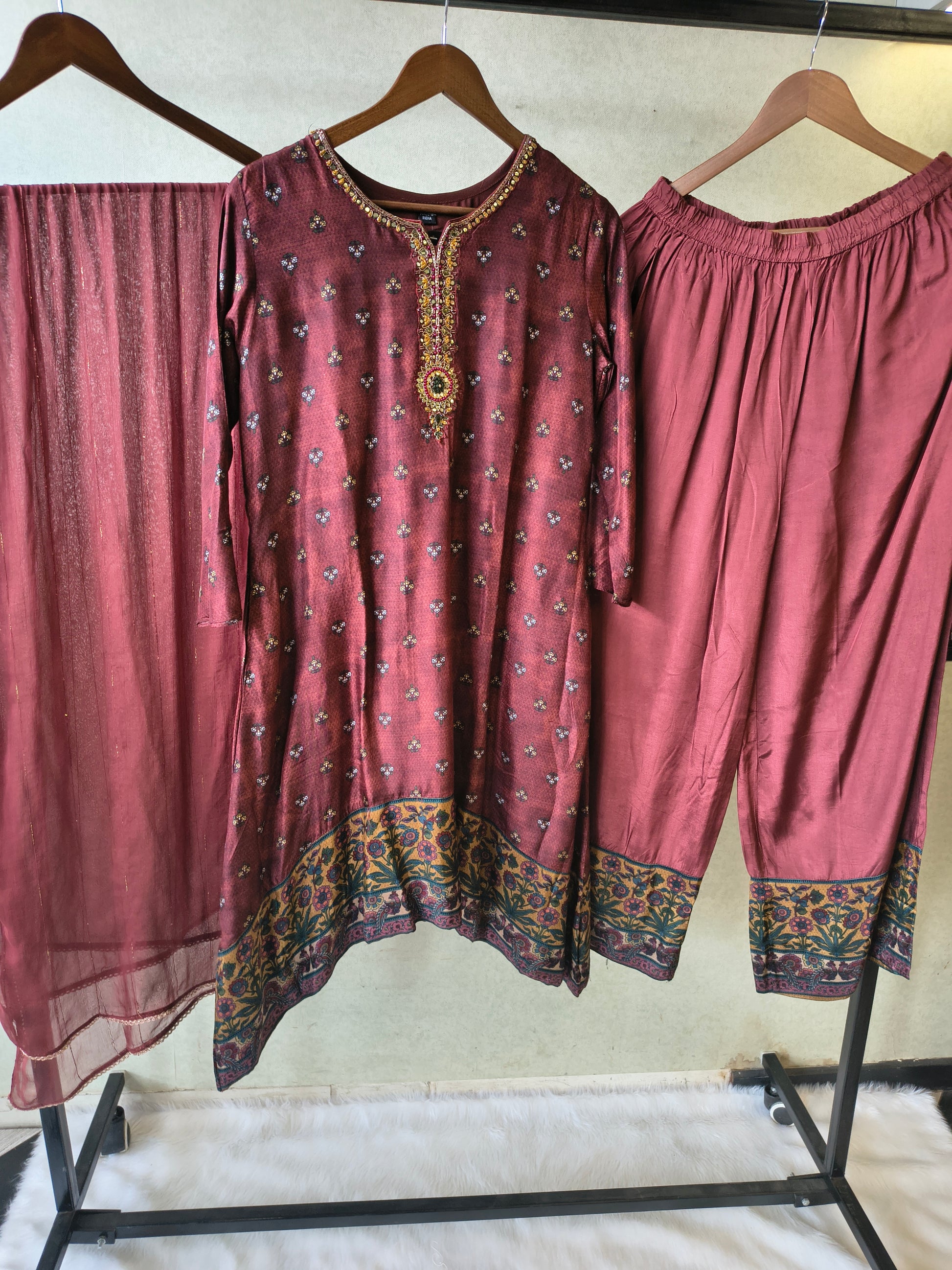 Premium Wine Floral Border Kurta with Straight Pants & Shimmer Dupatta Set