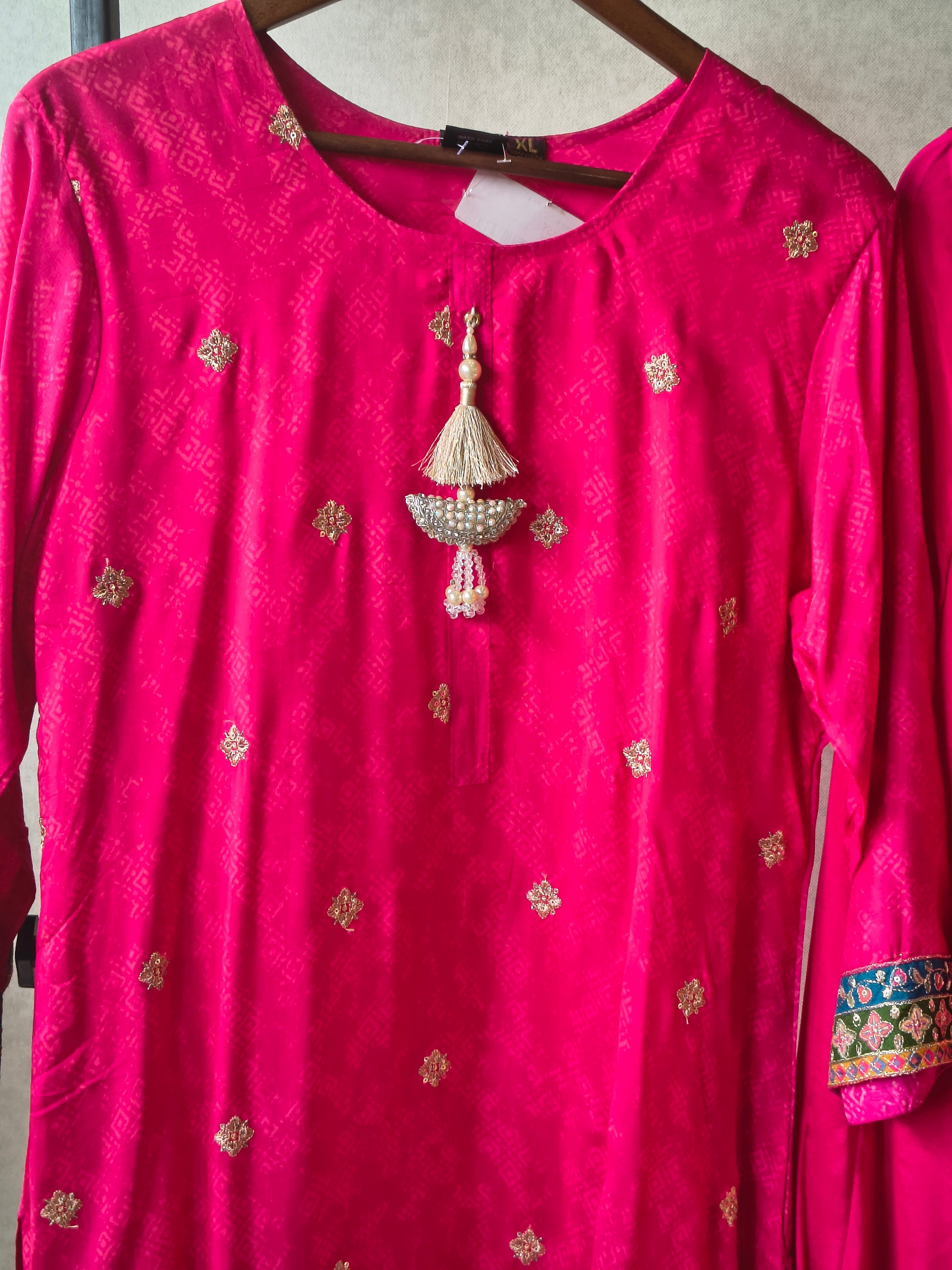 Premium Rani Pink Printed Straight Kurta with Cigarette Pants & Dupatta Set