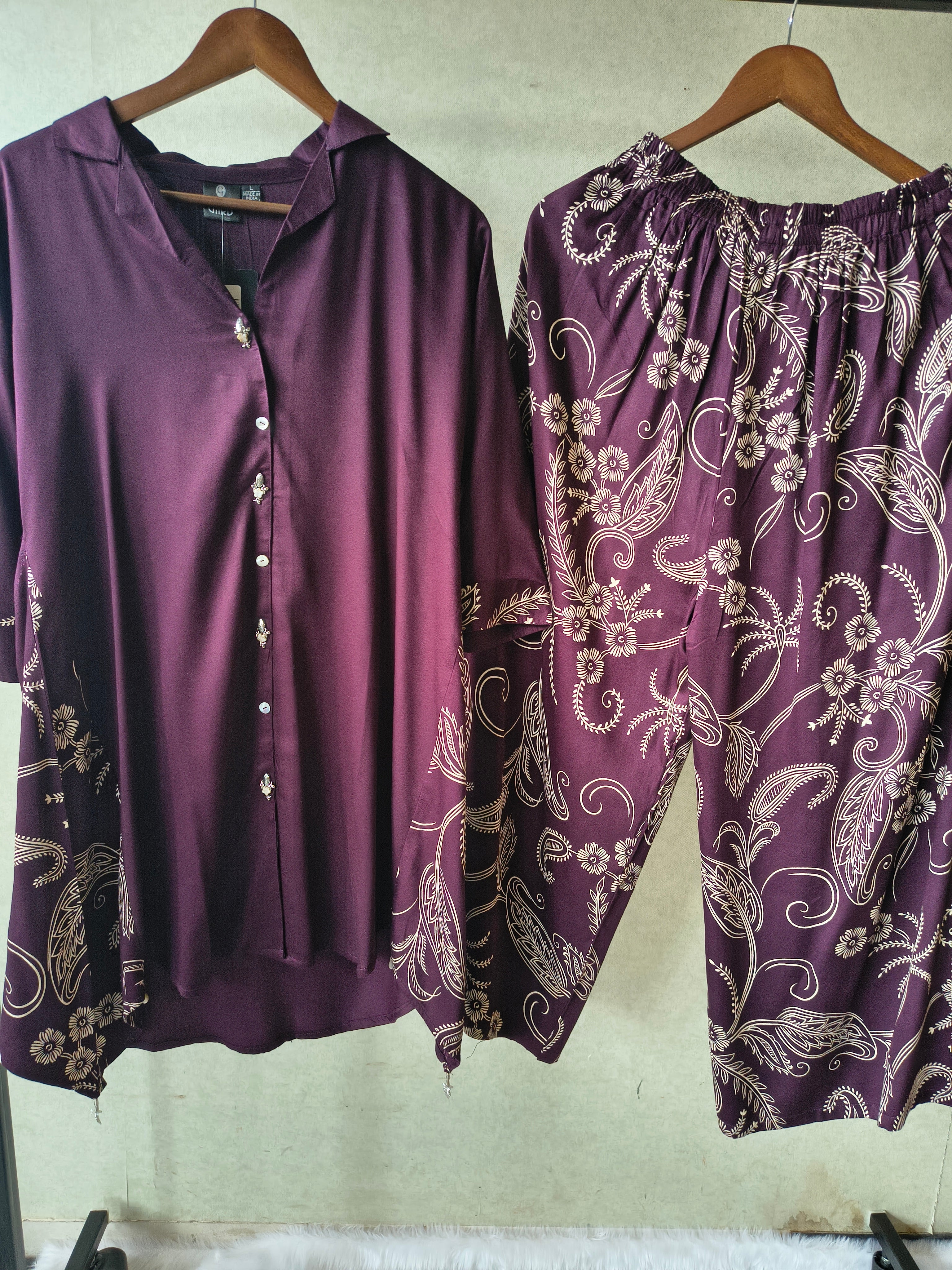 Image of Premium Plum Satin Co-Ord Kurta Set with Printed Straight Pants